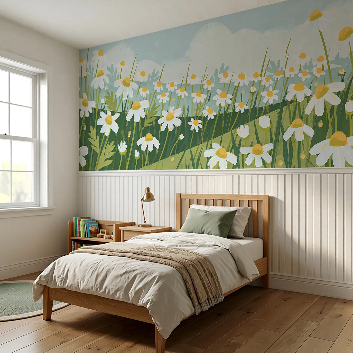 Folk Chamomile Sprinkle Wainscoting Wallpaper styled in a kids room by Whimsy Tots