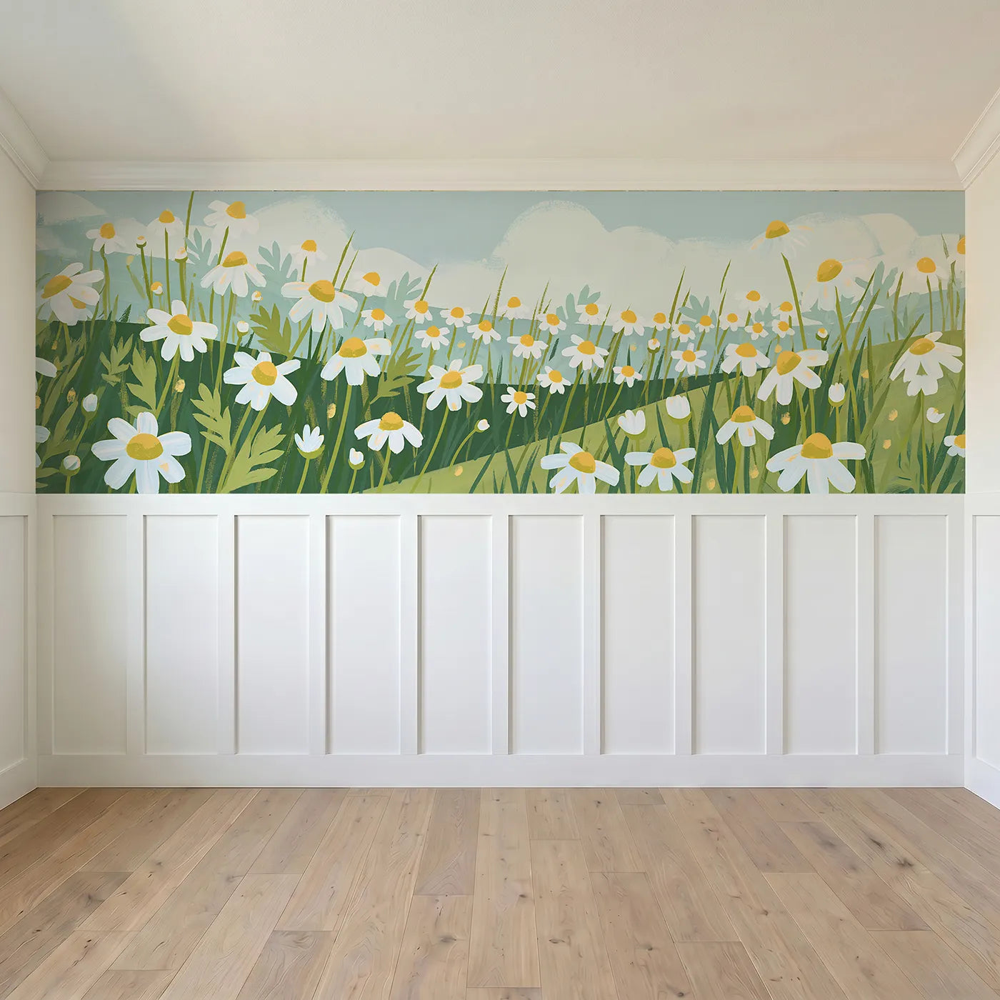 Full panel view of Folk Chamomile Sprinkle Wainscoting Wallpaper by Whimsy Tots