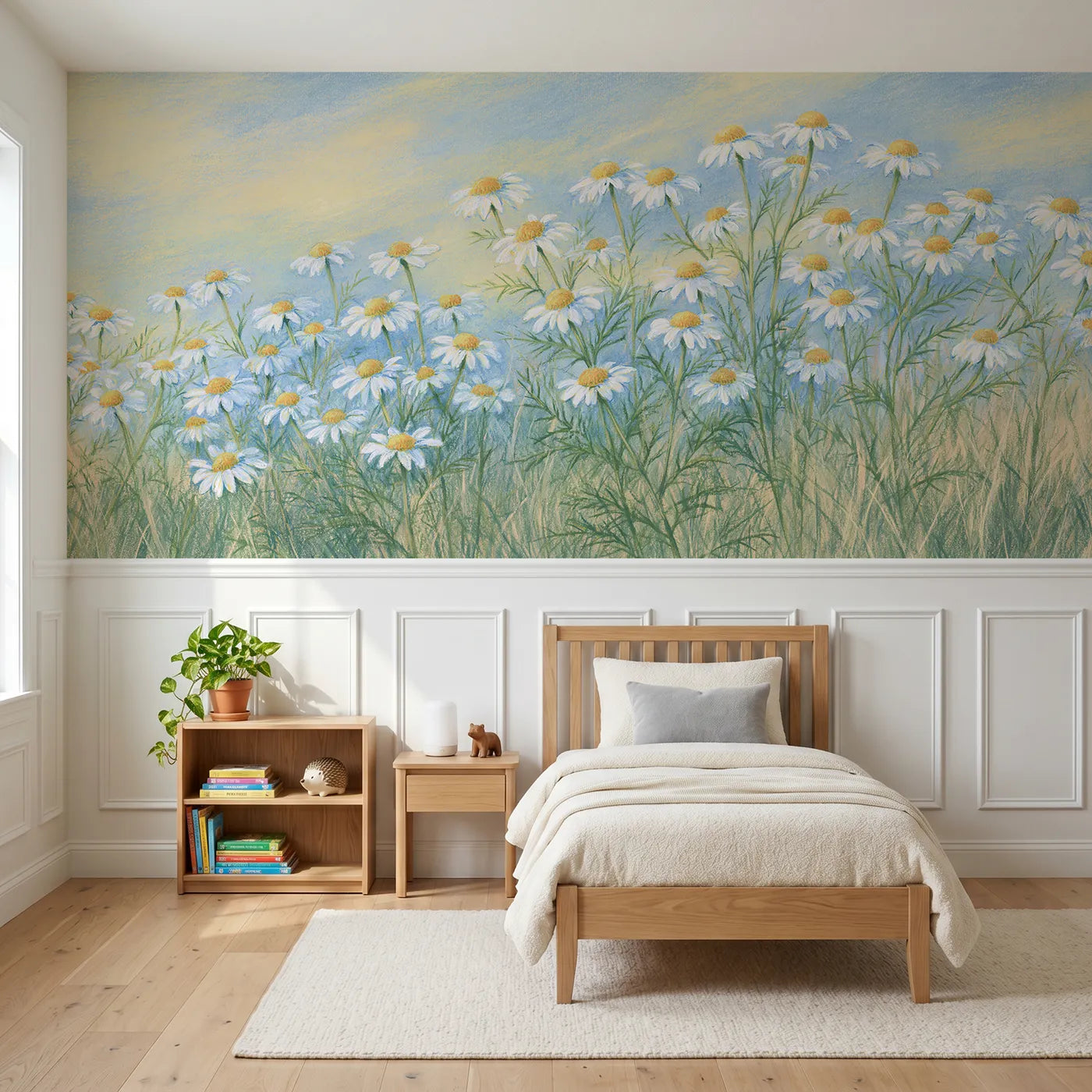 Colored pencil wainscoting wallpaper of white and gold close by Whimsy Tots