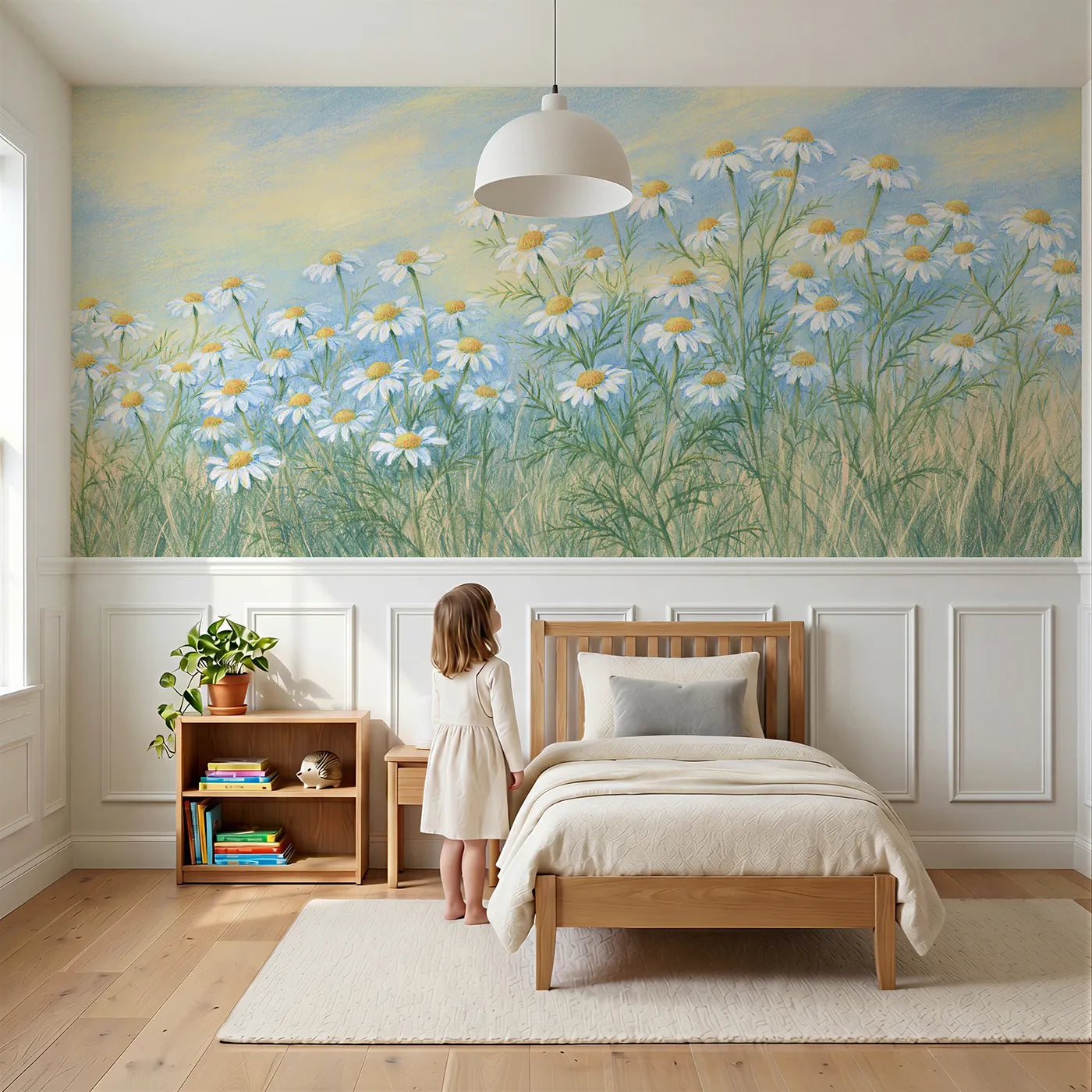 Child reading near White And Gold Close Wainscoting Wallpaper by Whimsy Tots