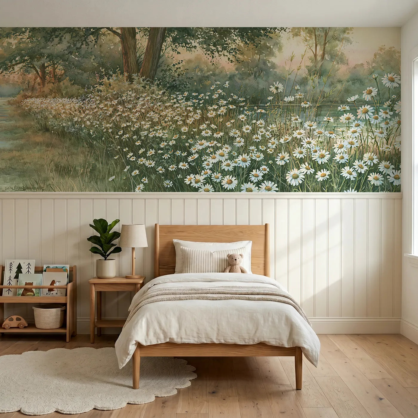 Storybook wainscoting wallpaper of chamomile along the lane by Whimsy Tots