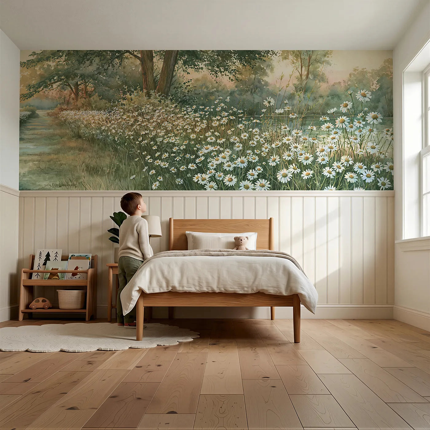 Child reading near Chamomile Along The Lane Wainscoting Wallpaper by Whimsy Tots