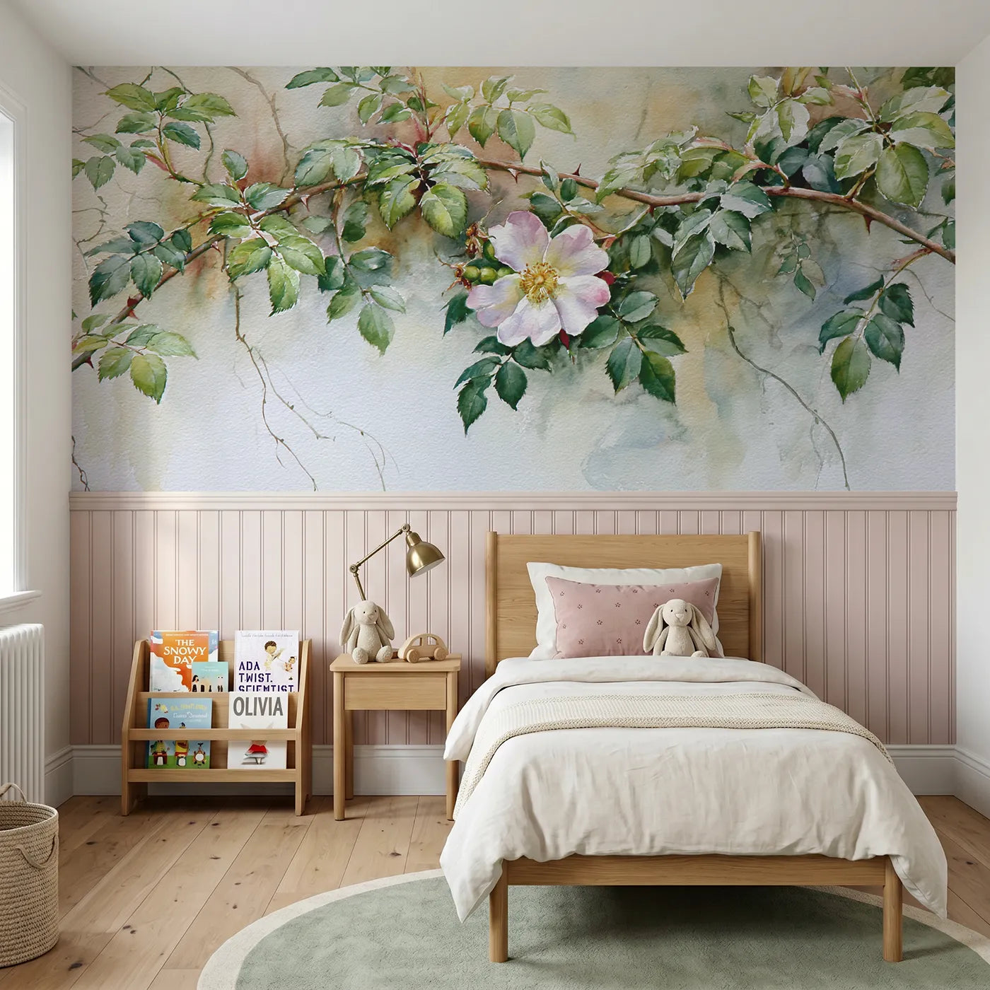 Watercolor wainscoting wallpaper of a dog rose on the briar by Whimsy Tots