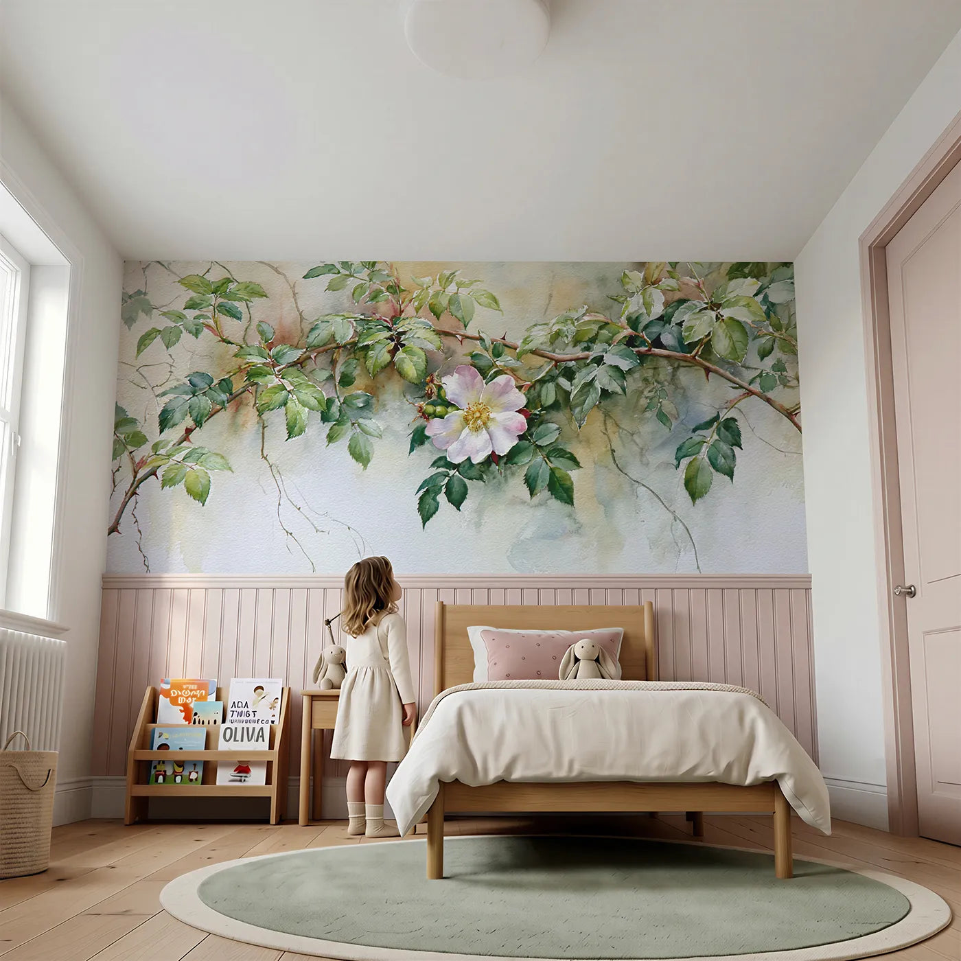 Child reading near Dog Rose On The Briar Wainscoting Wallpaper by Whimsy Tots
