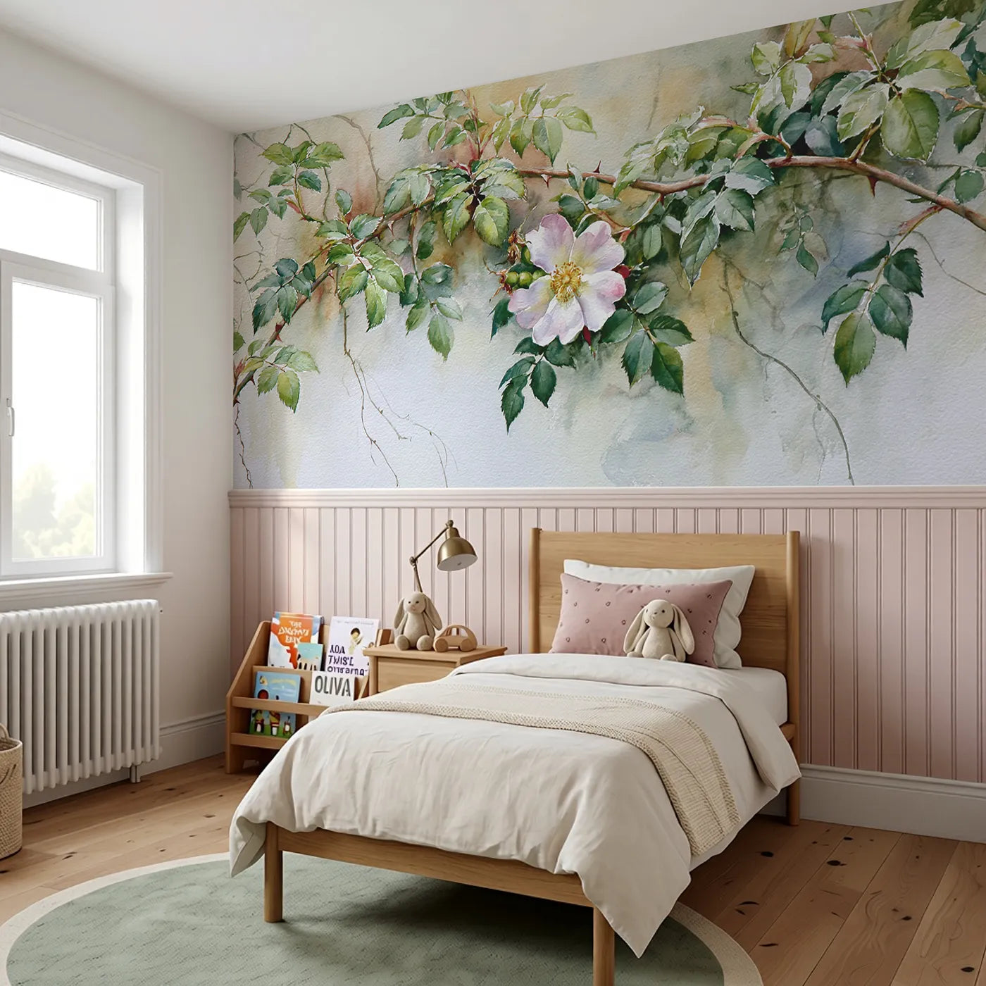 Dog Rose On The Briar Wainscoting Wallpaper styled in a kids room by Whimsy Tots