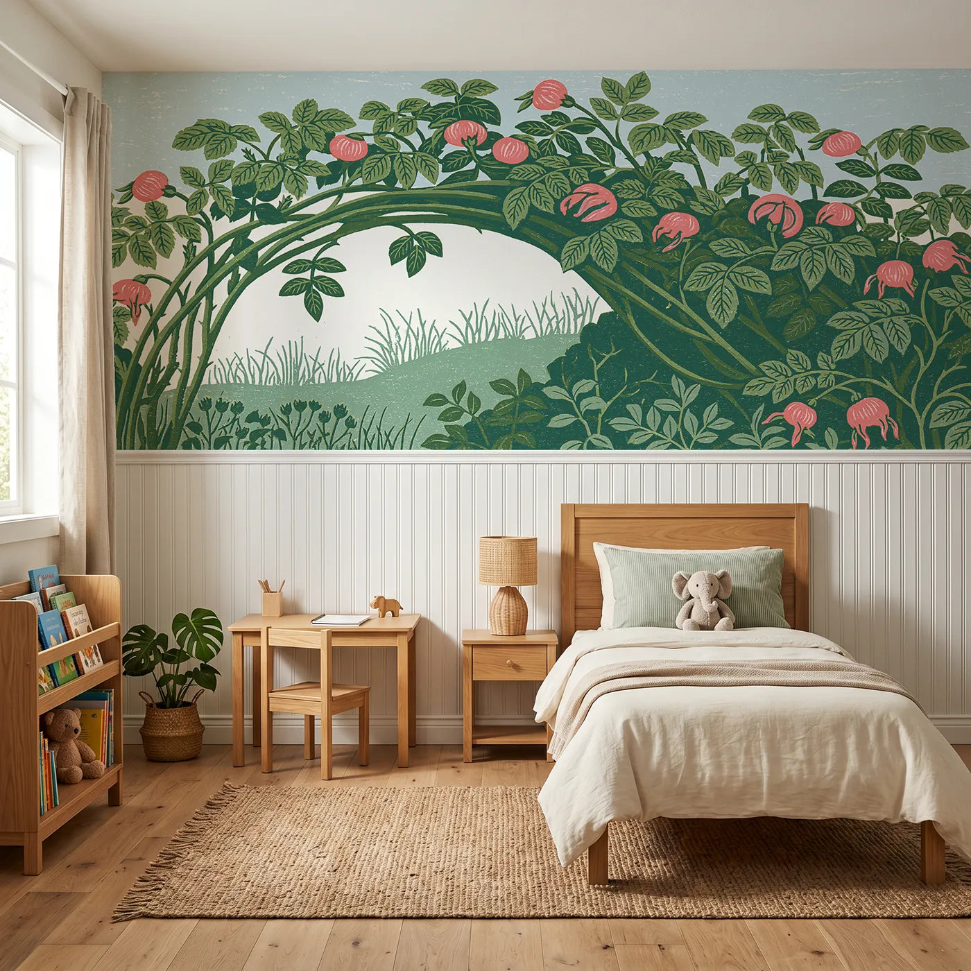 Block print wainscoting wallpaper of the carved briar arch by Whimsy Tots