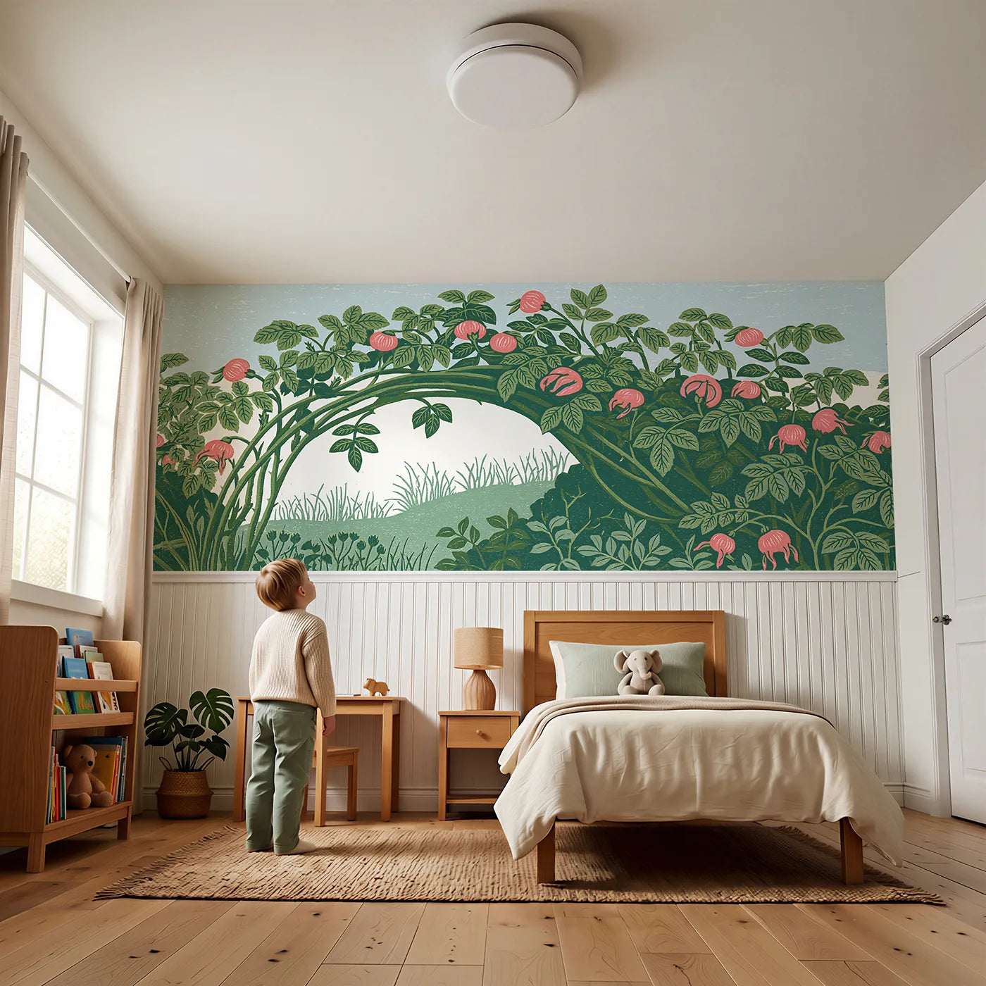 Child reading near The Carved Briar Arch Wainscoting Wallpaper by Whimsy Tots