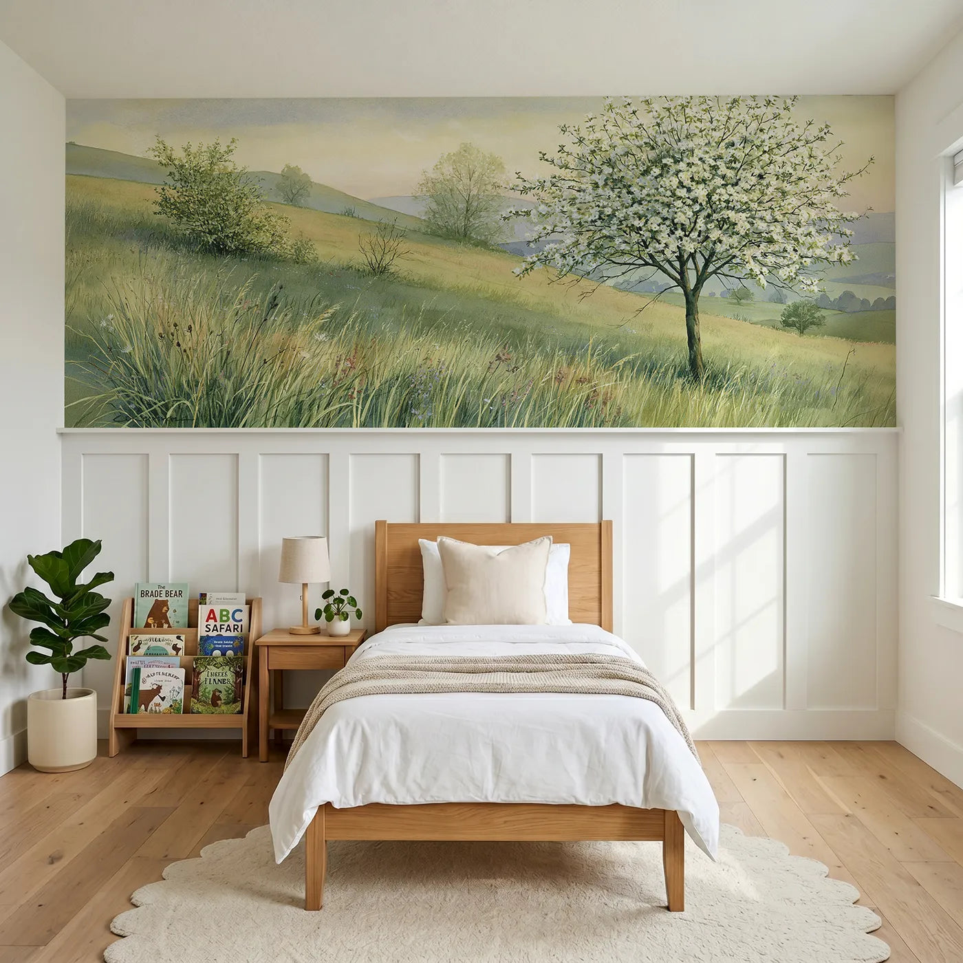 Storybook wainscoting wallpaper of the may tree alone by Whimsy Tots