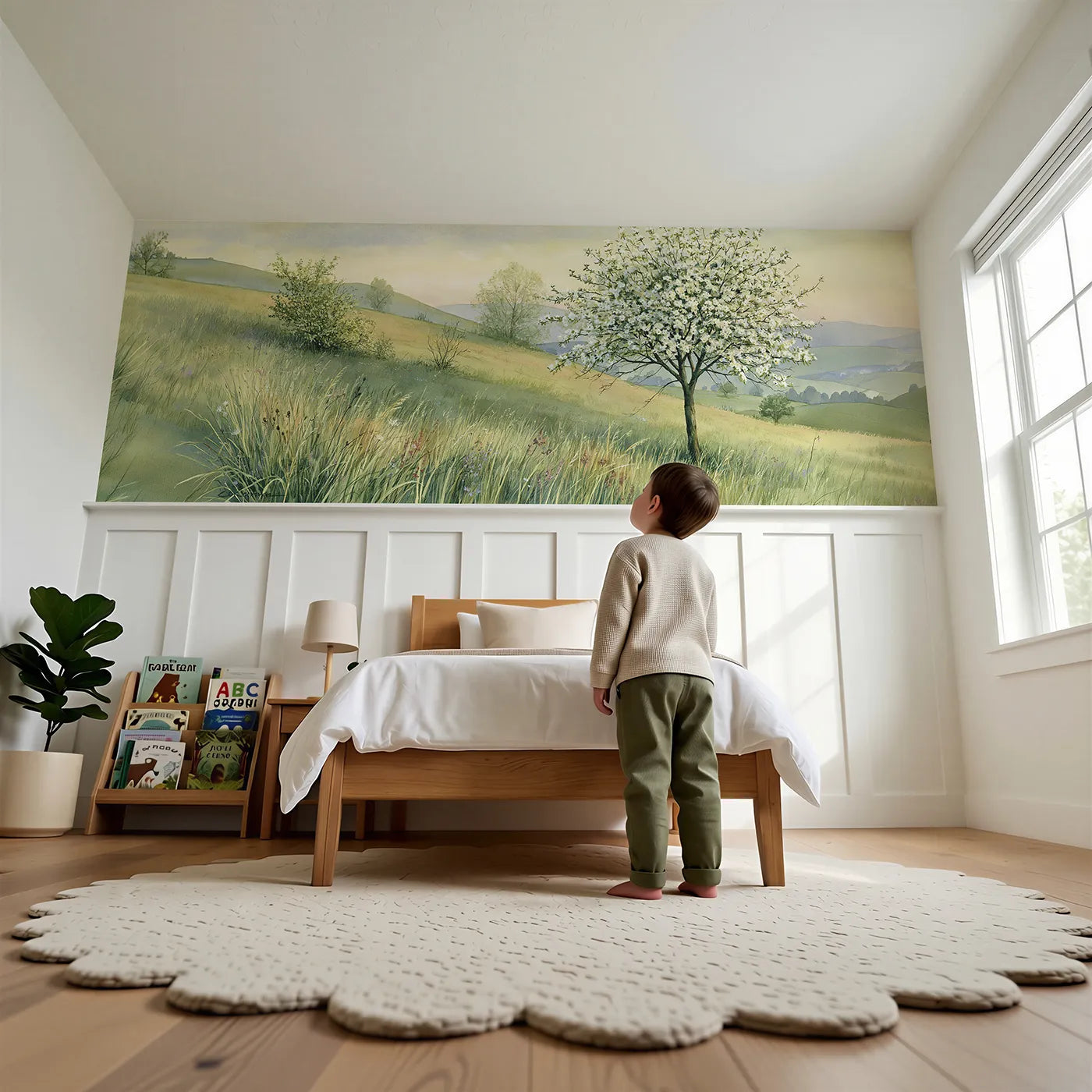 Child reading near The May Tree Alone Wainscoting Wallpaper by Whimsy Tots