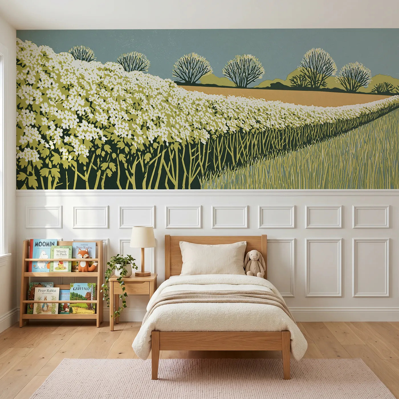 Block print wainscoting wallpaper of the carved hawthorn hedge by Whimsy Tots