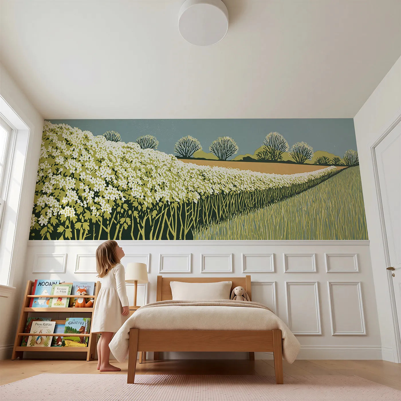 Child reading near Carved Hawthorn Hedge Wainscoting Wallpaper by Whimsy Tots