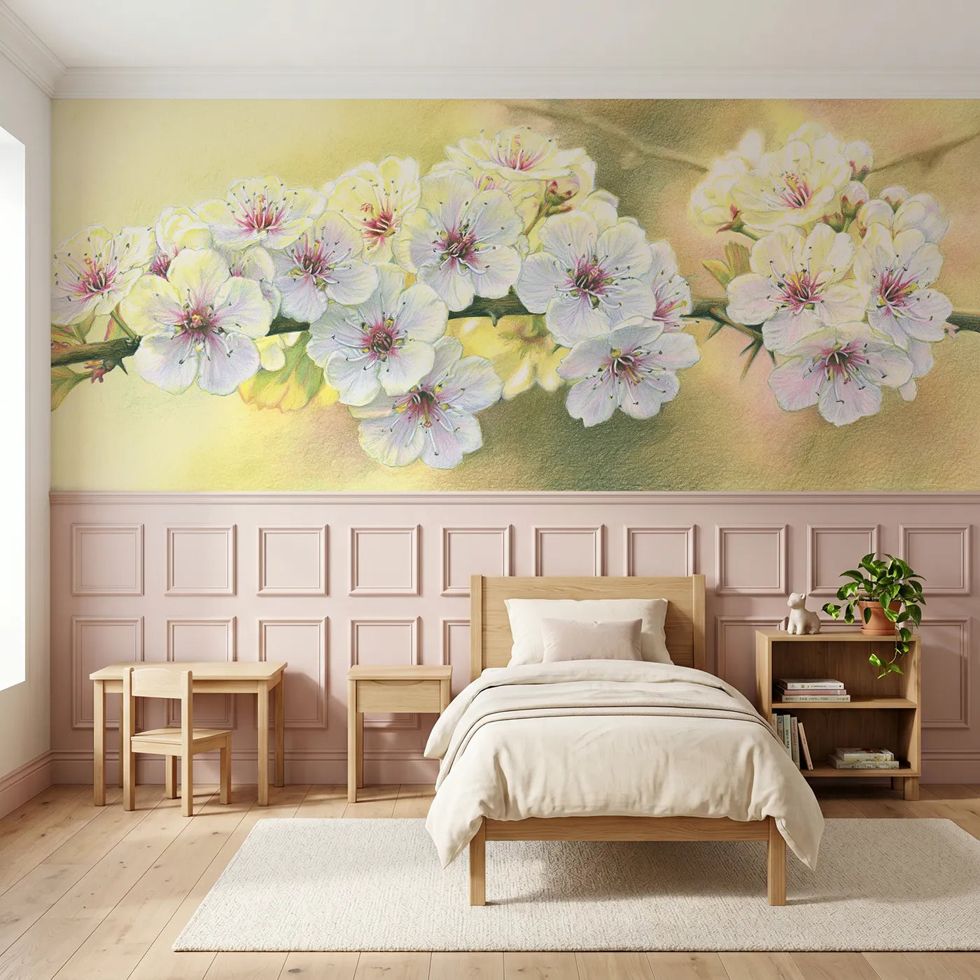 Colored pencil wainscoting wallpaper of hawthorn blossom close by Whimsy Tots