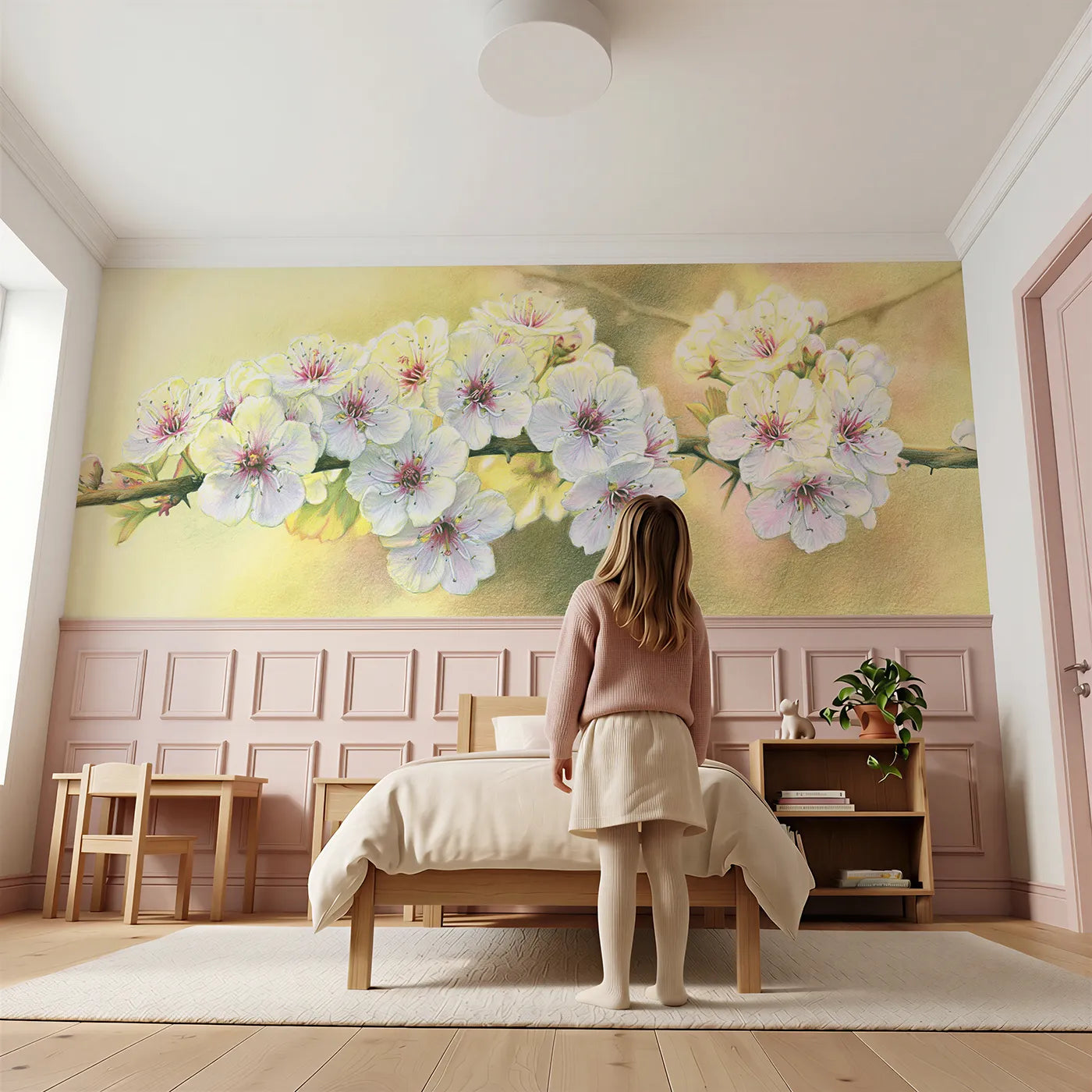 Child reading near Hawthorn Blossom Close Wainscoting Wallpaper by Whimsy Tots