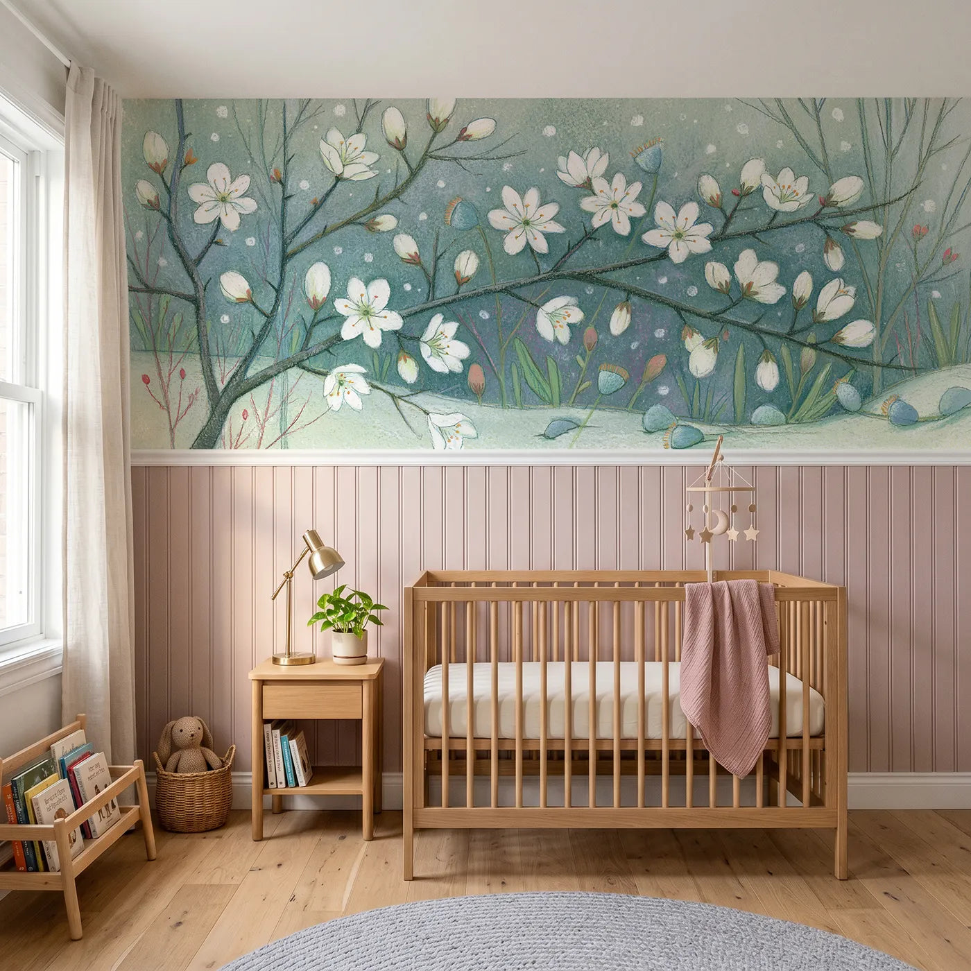 Colored pencil wainscoting wallpaper of blossom before the leaves by Whimsy Tots