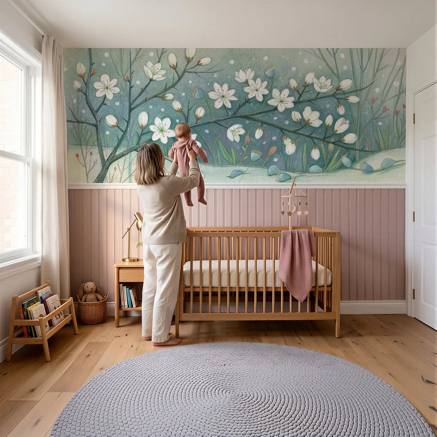 Child reading near Blossom Before The Leaves Wainscoting Wallpaper by Whimsy Tots