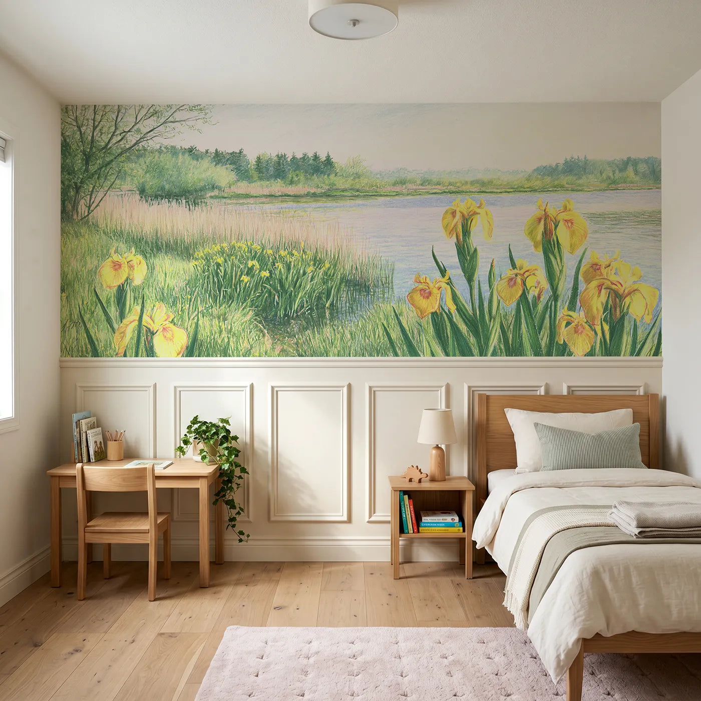 Colored pencil wainscoting wallpaper of yellow flags at the margin by Whimsy Tots