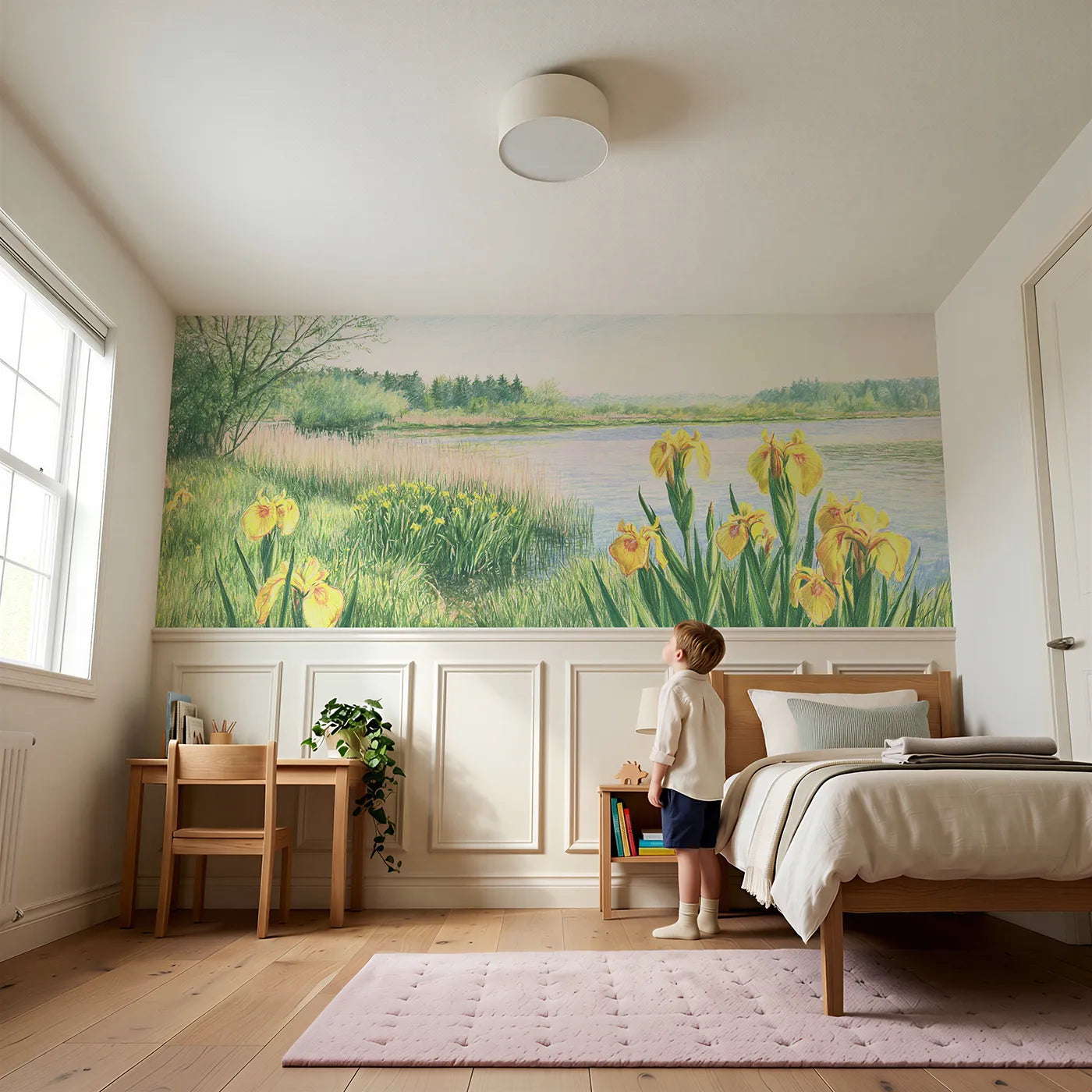 Child reading near Yellow Flags At The Margin Wainscoting Wallpaper by Whimsy Tots