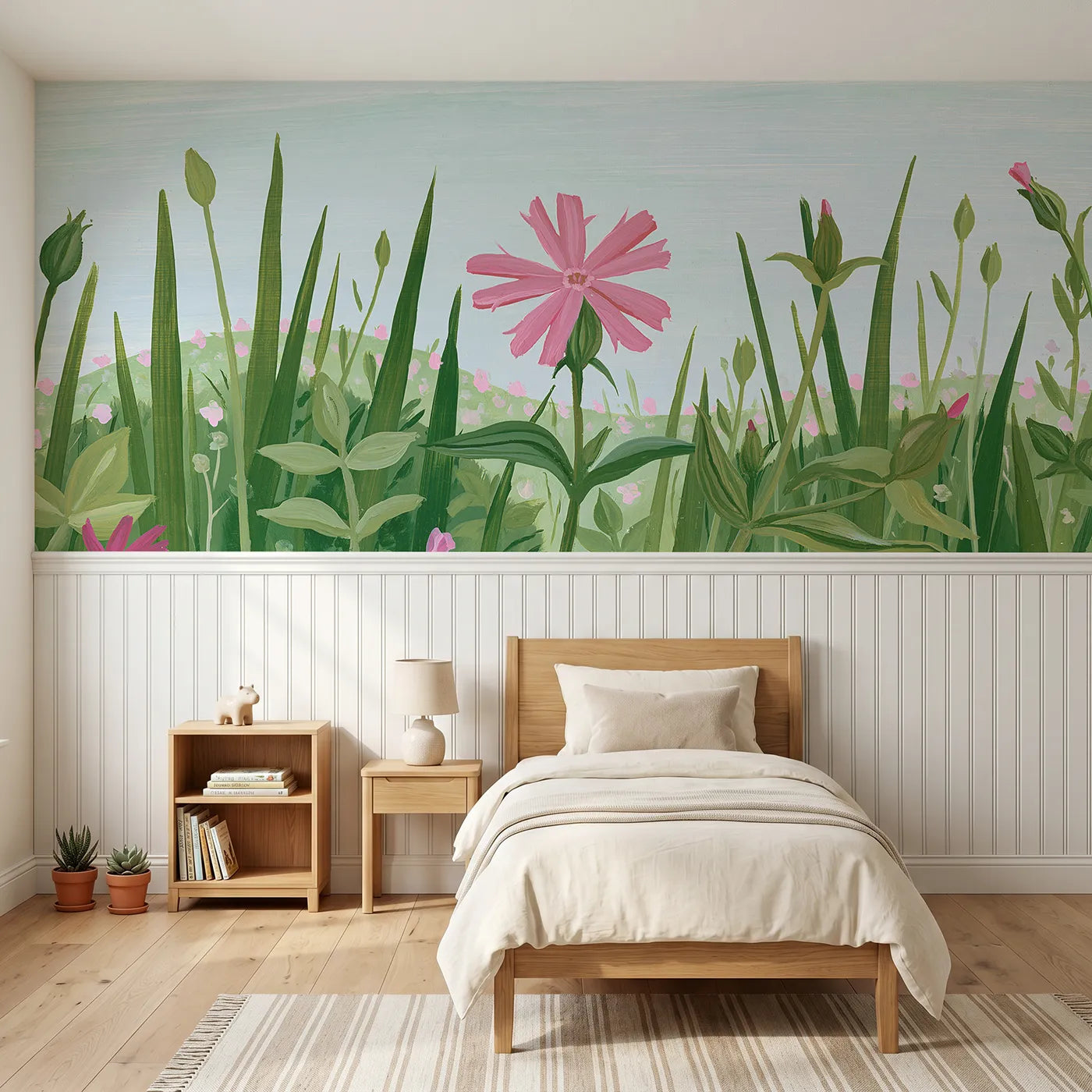 Modern illustration wainscoting wallpaper of notched pink petals by Whimsy Tots