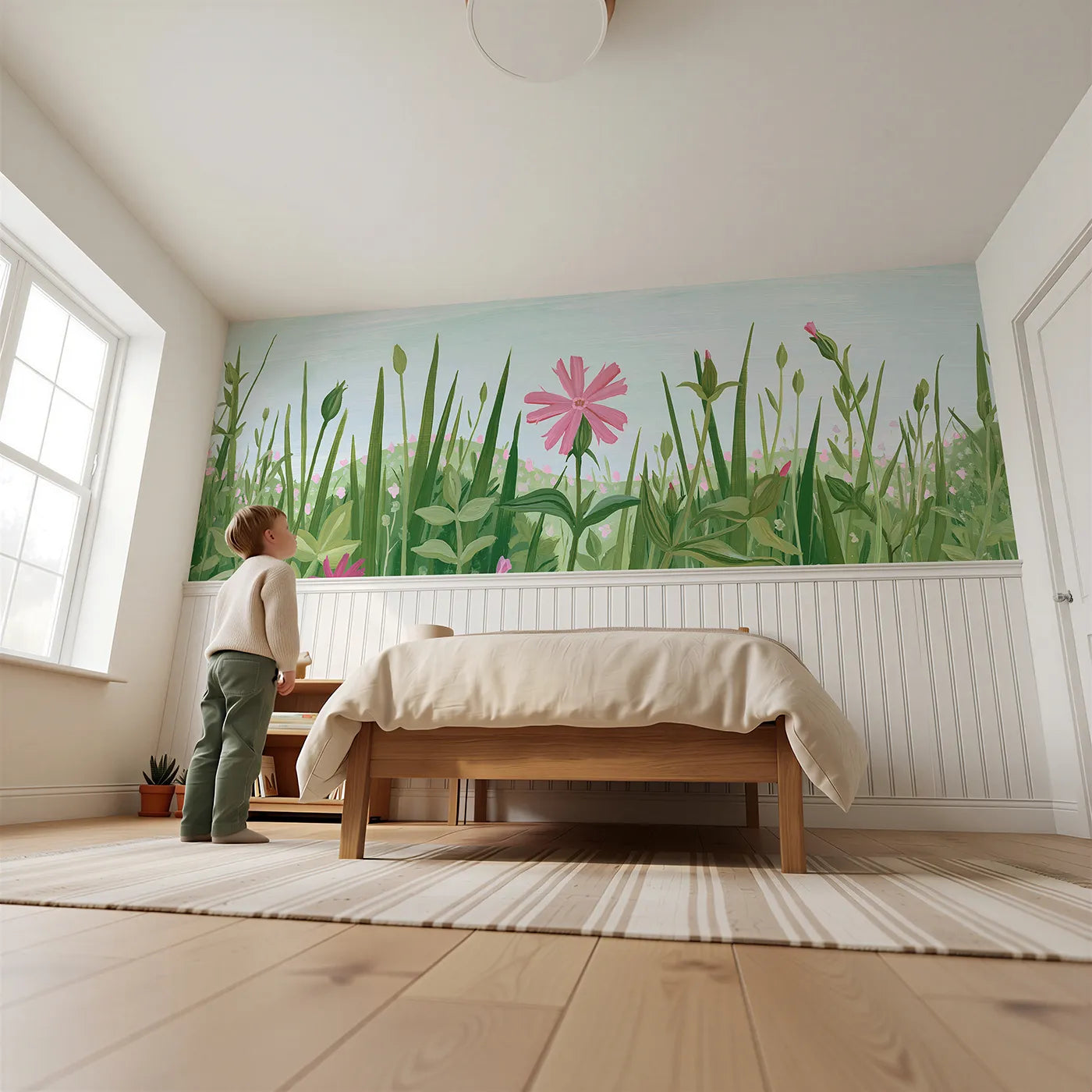 Child reading near Notched Pink Petals Wainscoting Wallpaper by Whimsy Tots