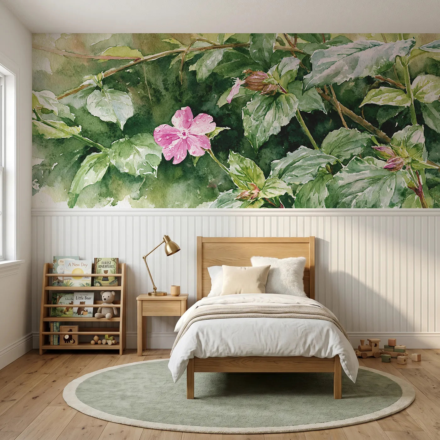 Watercolor wainscoting wallpaper of campion in the hedge shade by Whimsy Tots