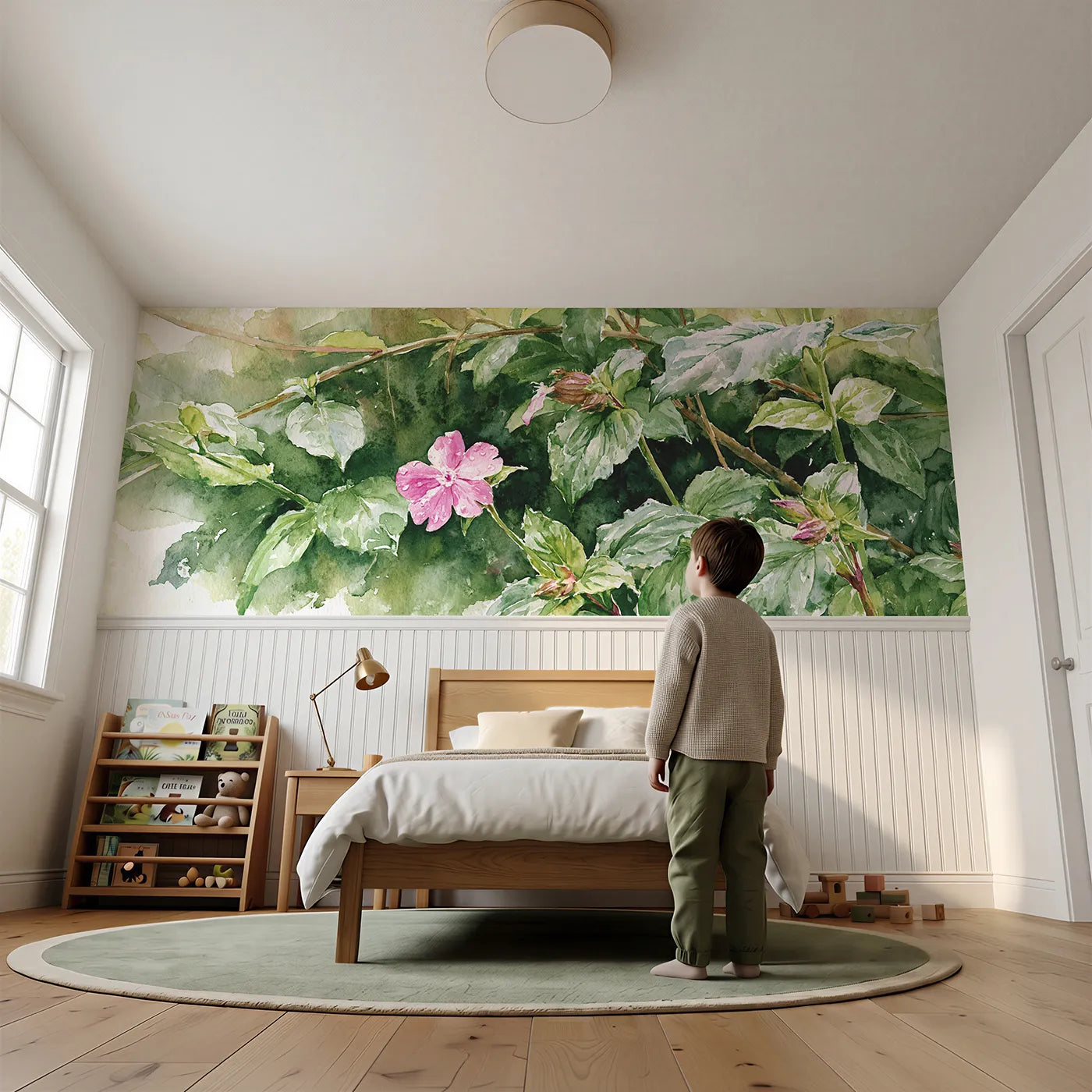 Child reading near Campion In The Hedge Shade Wainscoting Wallpaper by Whimsy Tots