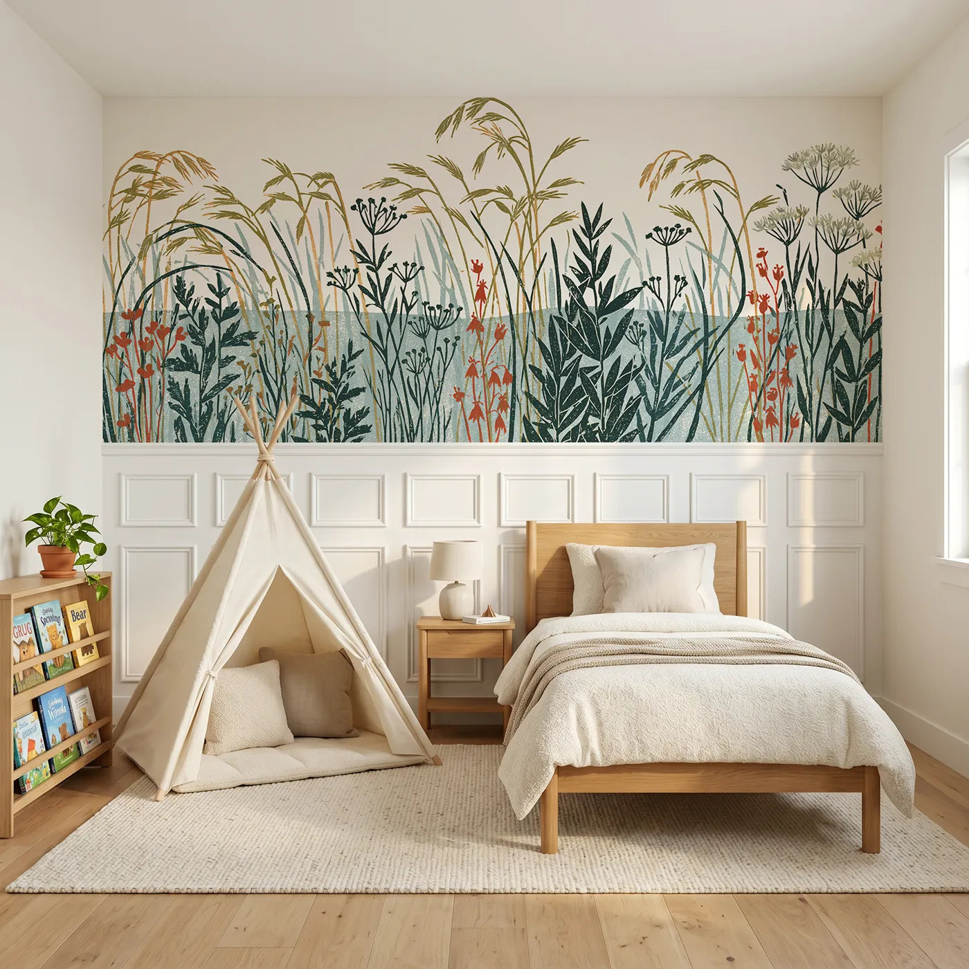 Block print wainscoting wallpaper of carved meadow grasses by Whimsy Tots
