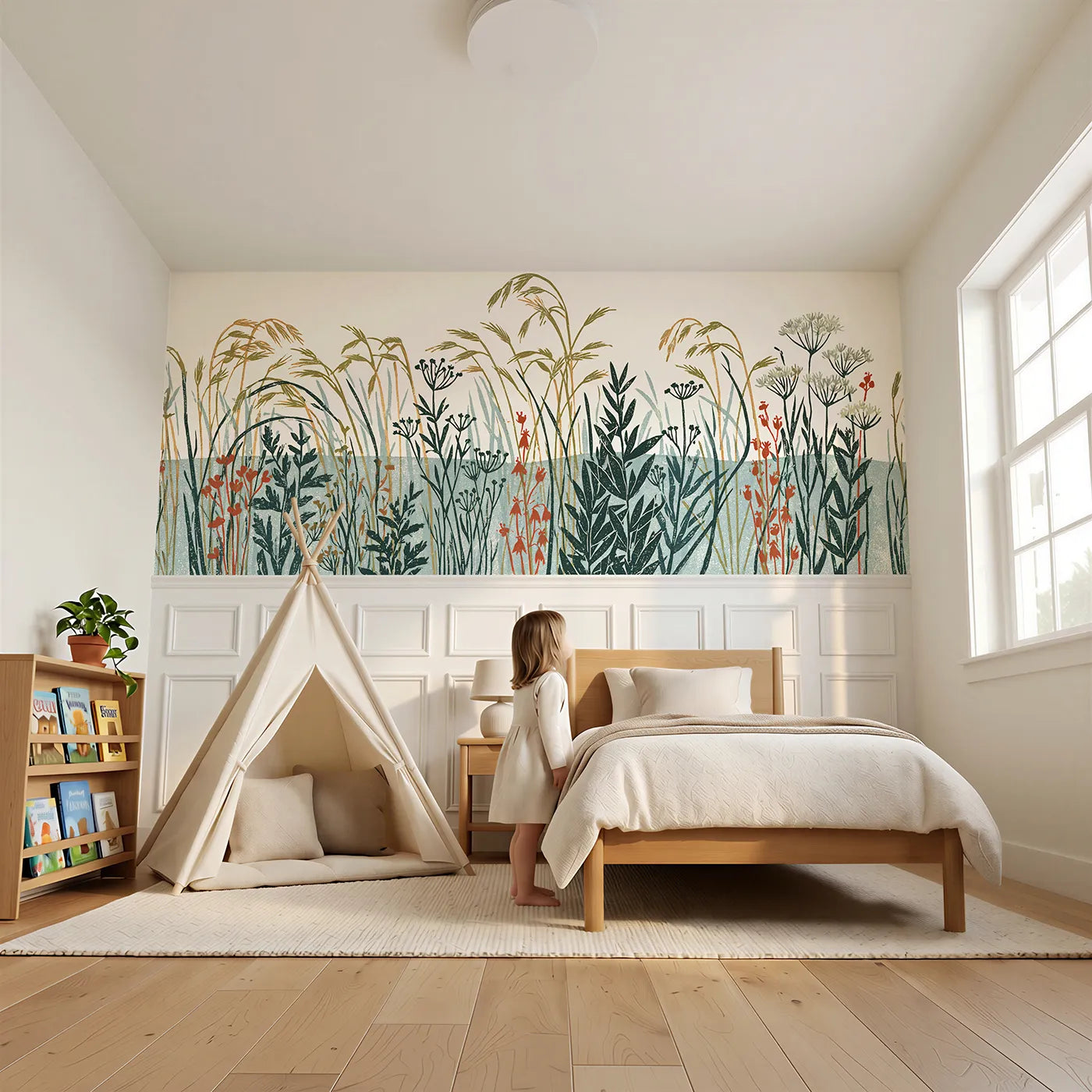 Child reading near Carved Meadow Grasses Wainscoting Wallpaper by Whimsy Tots