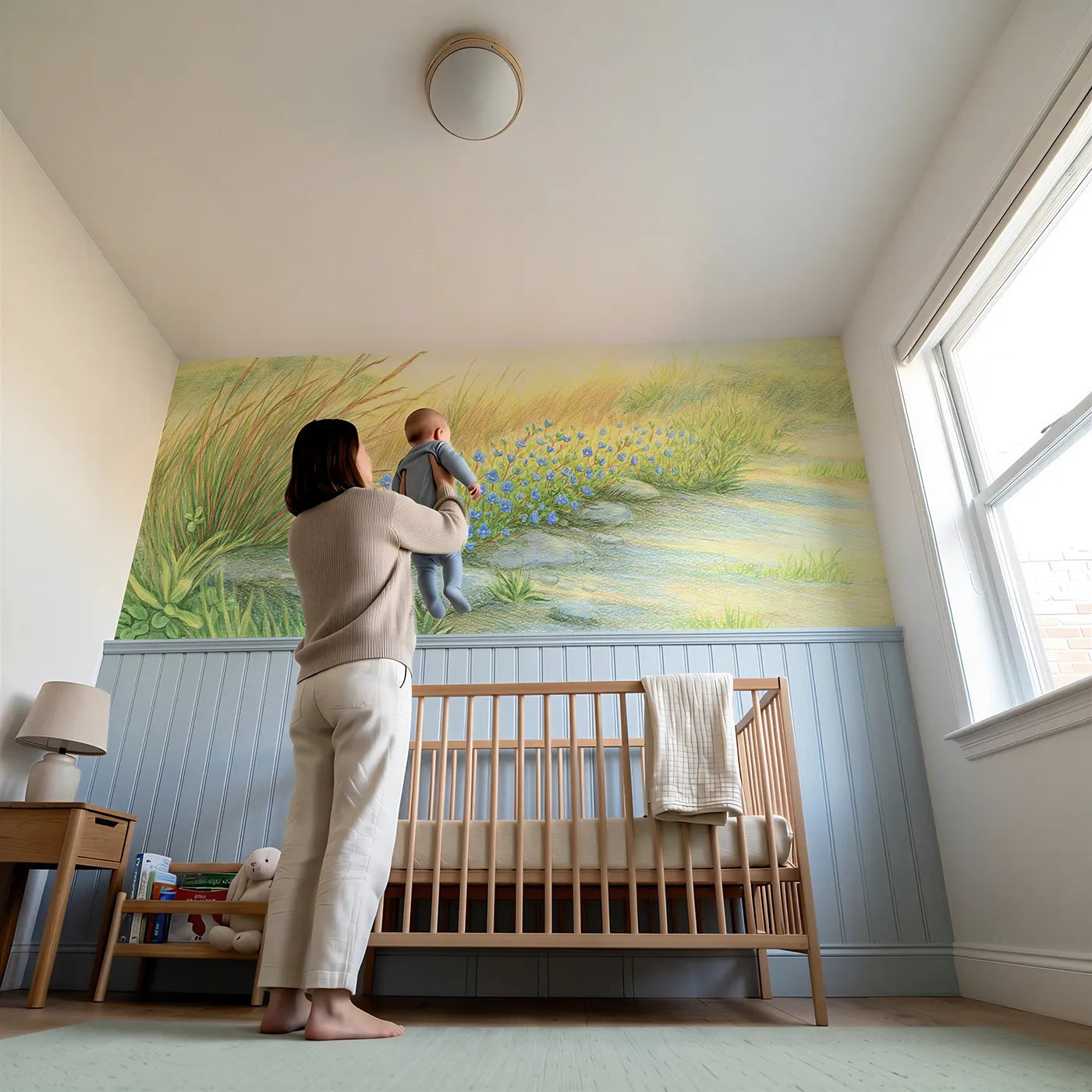 Child reading near Speedwell By The Path Wainscoting Wallpaper by Whimsy Tots