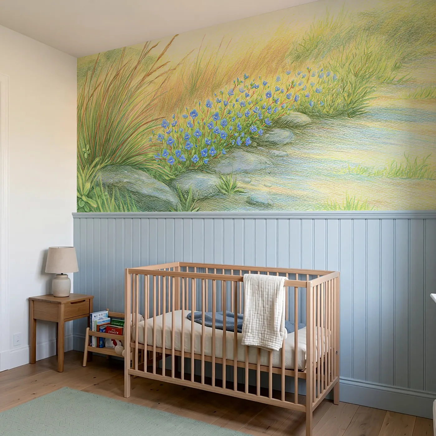 Speedwell By The Path Wainscoting Wallpaper styled in a kids room by Whimsy Tots
