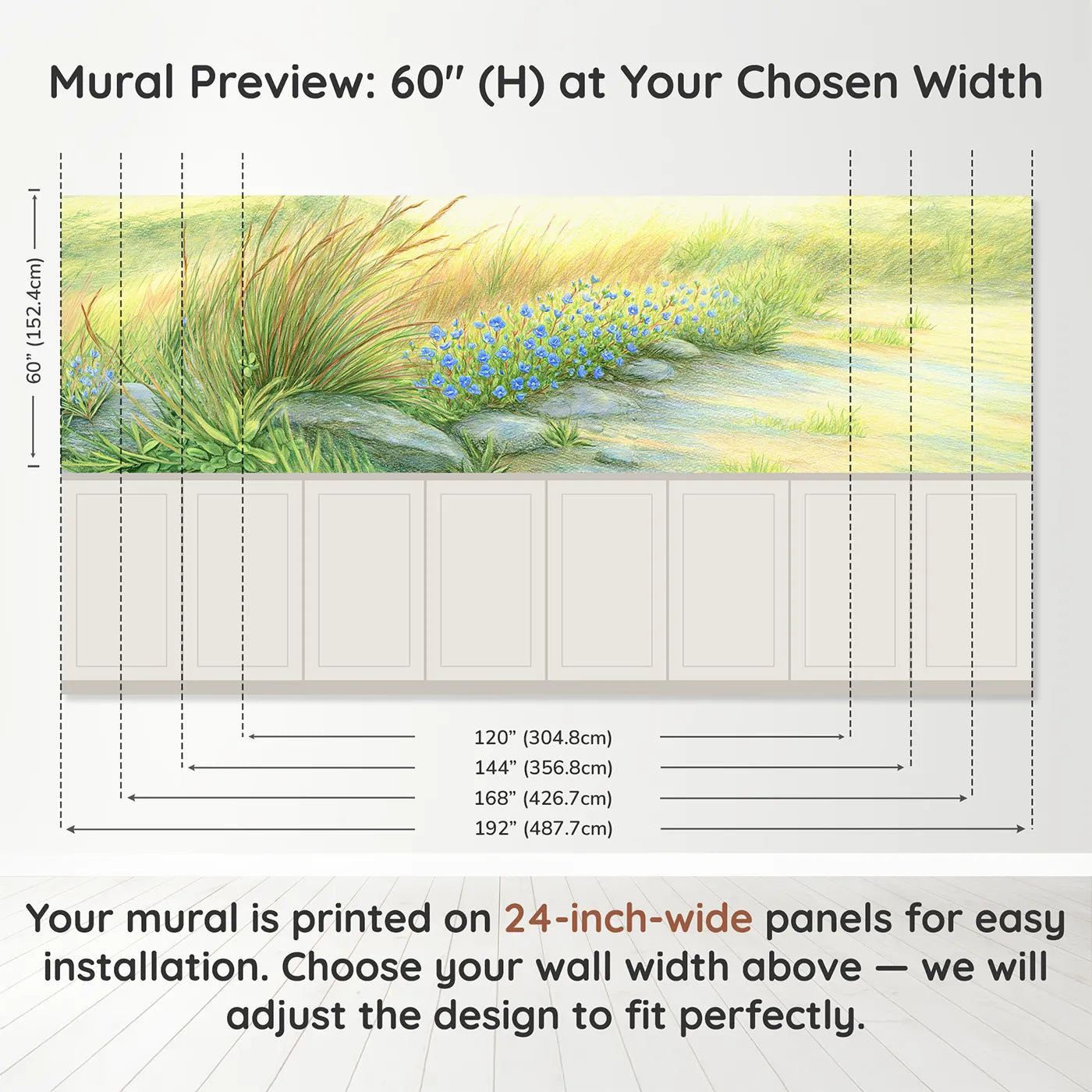 Panel dimensions for Speedwell By The Path Wainscoting Wallpaper by Whimsy Tots
