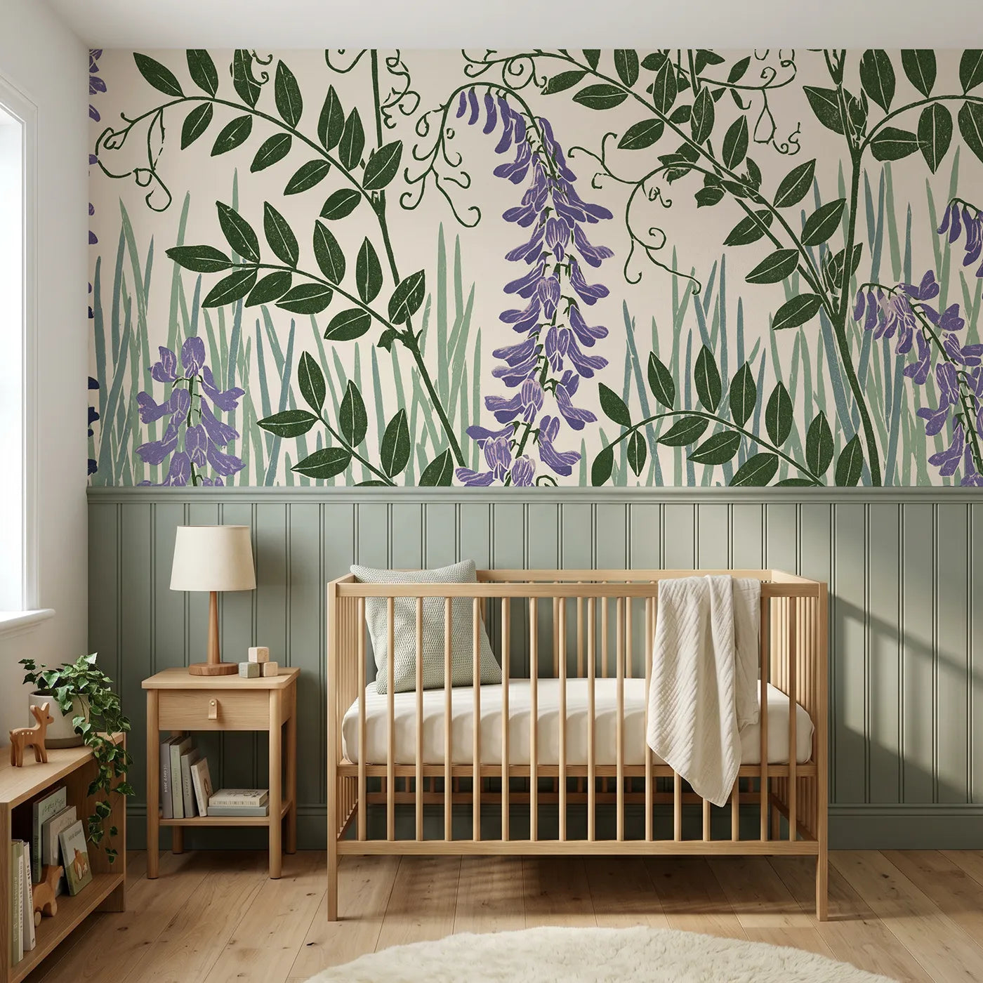 Block print wainscoting wallpaper of a carved vetch tangle by Whimsy Tots