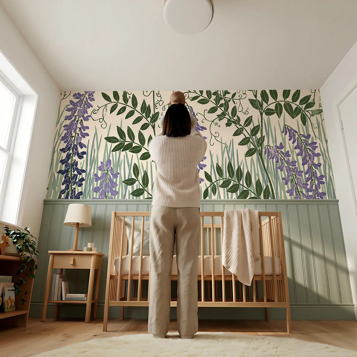 Child reading near Carved Vetch Tangle Wainscoting Wallpaper by Whimsy Tots