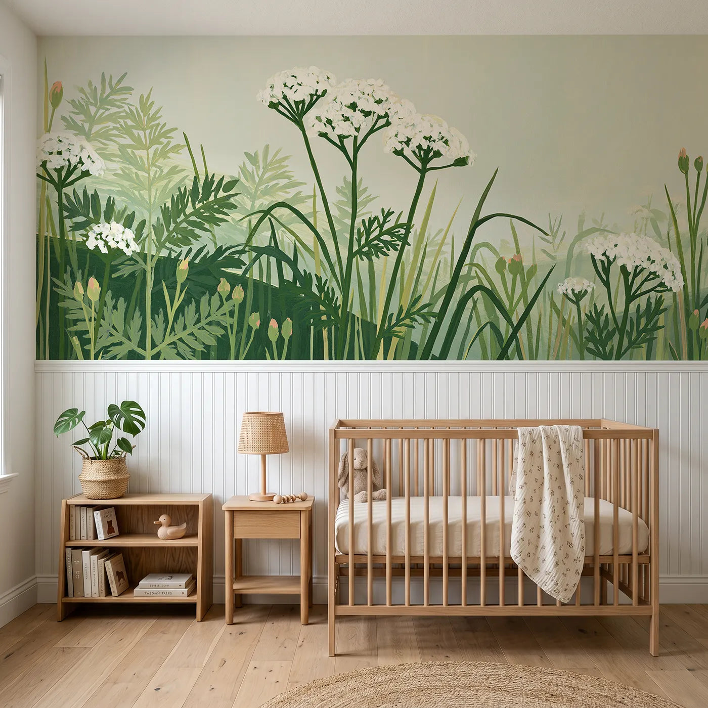 Modern illustration wainscoting wallpaper of yarrow held level by Whimsy Tots