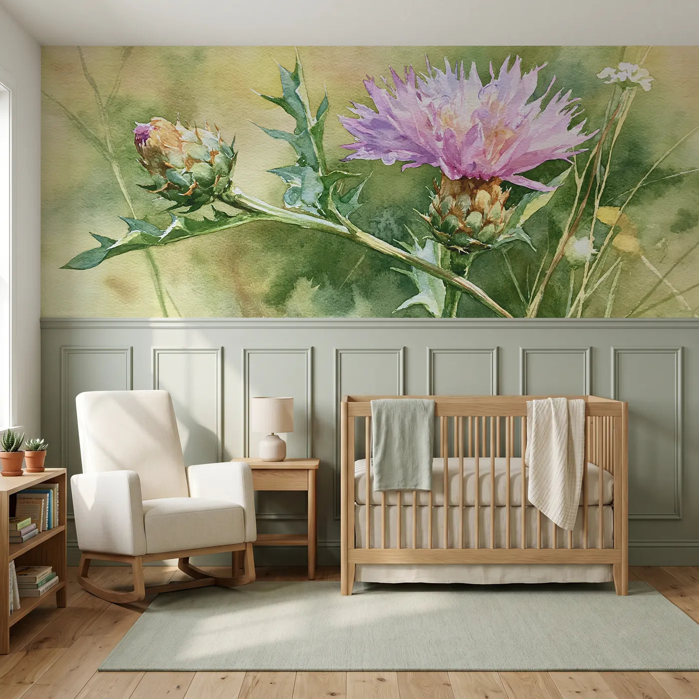Watercolor wainscoting wallpaper of the knapweed tuft by Whimsy Tots