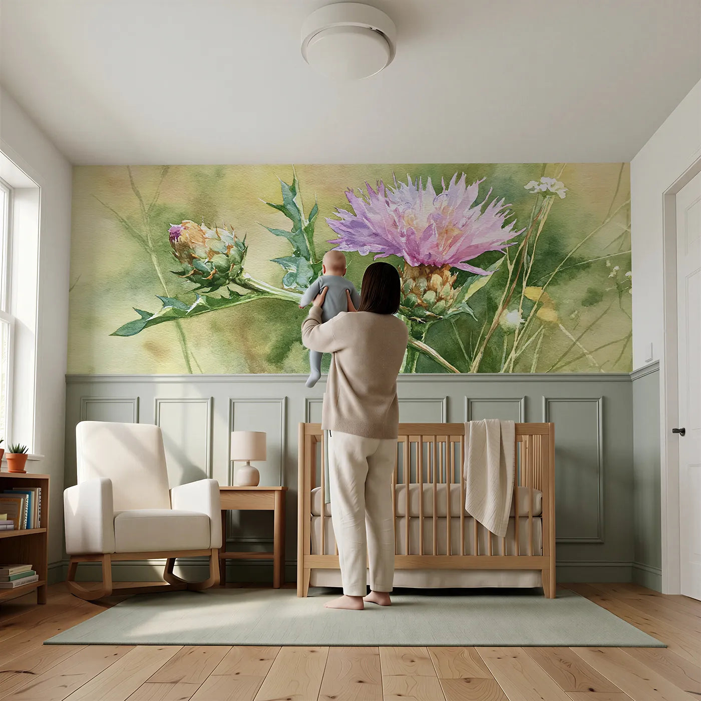 Child reading near The Knapweed Tuft Wainscoting Wallpaper by Whimsy Tots