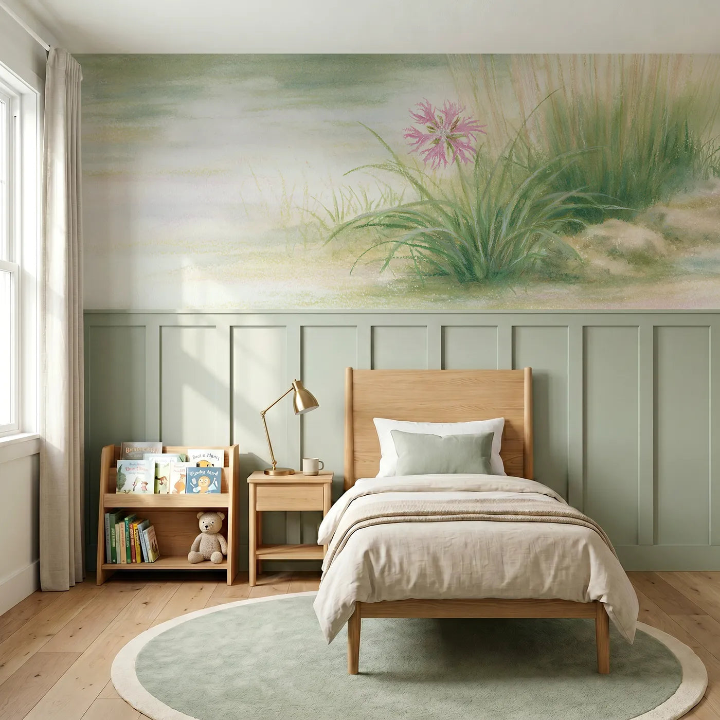 Soft pastel wainscoting wallpaper of ragged robin in the wet by Whimsy Tots