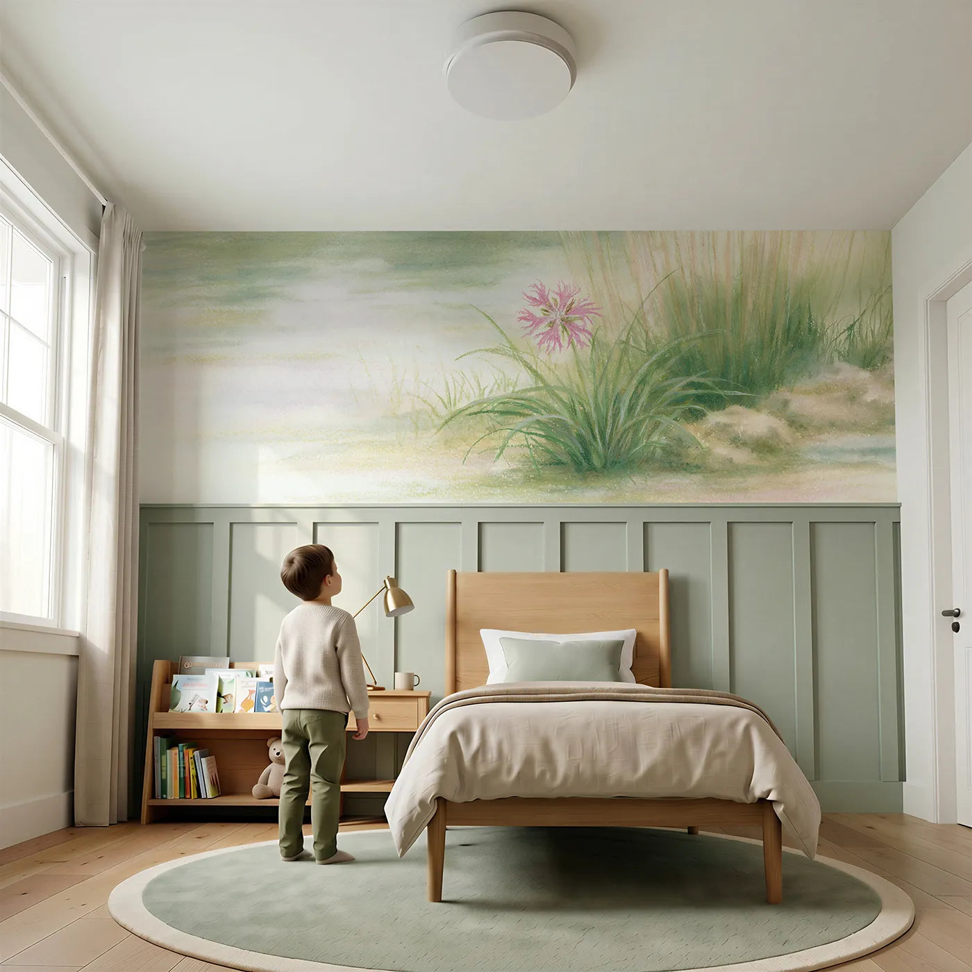 Child reading near Ragged Robin In The Wet Wainscoting Wallpaper by Whimsy Tots