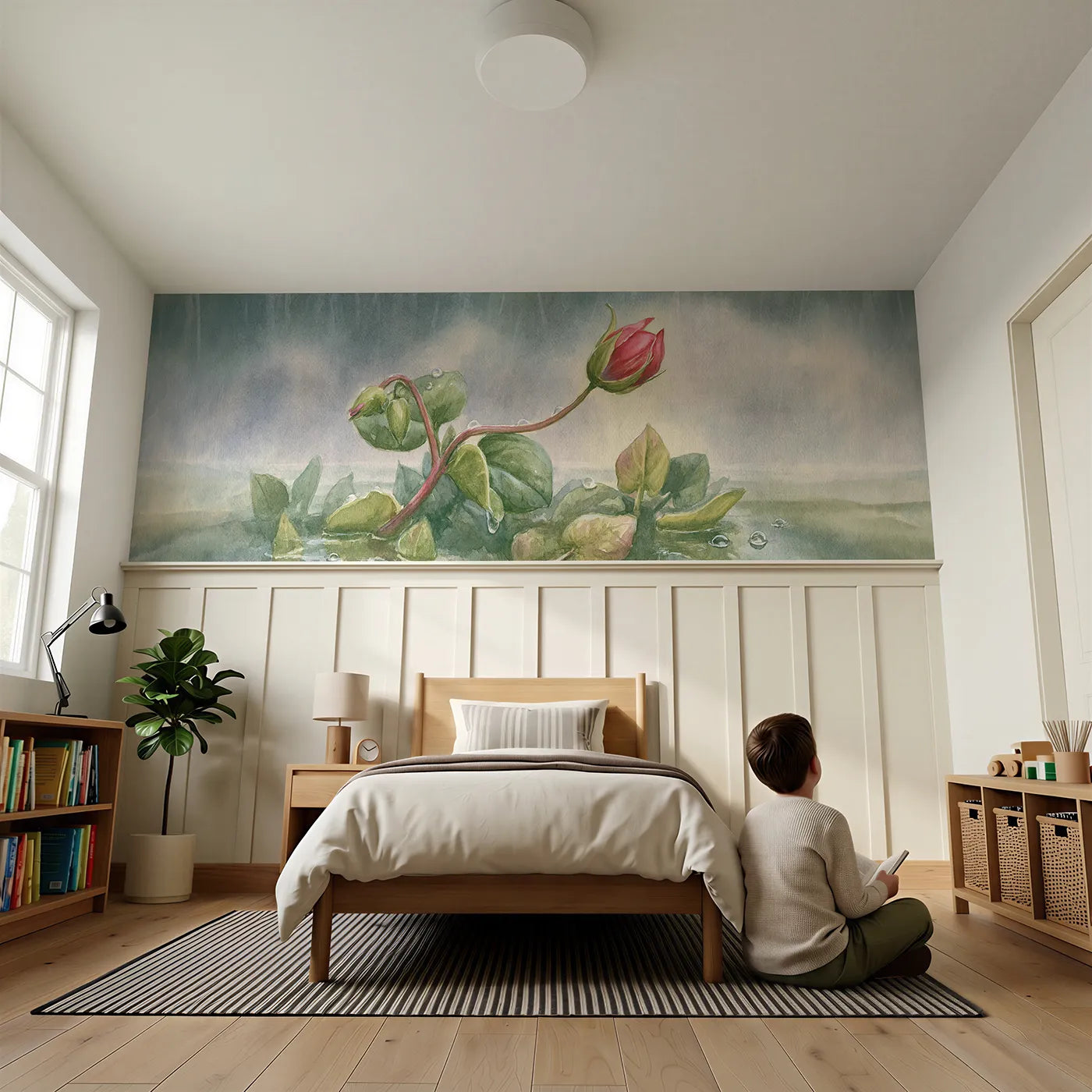 Child reading near The Shepherds Clock Wainscoting Wallpaper by Whimsy Tots