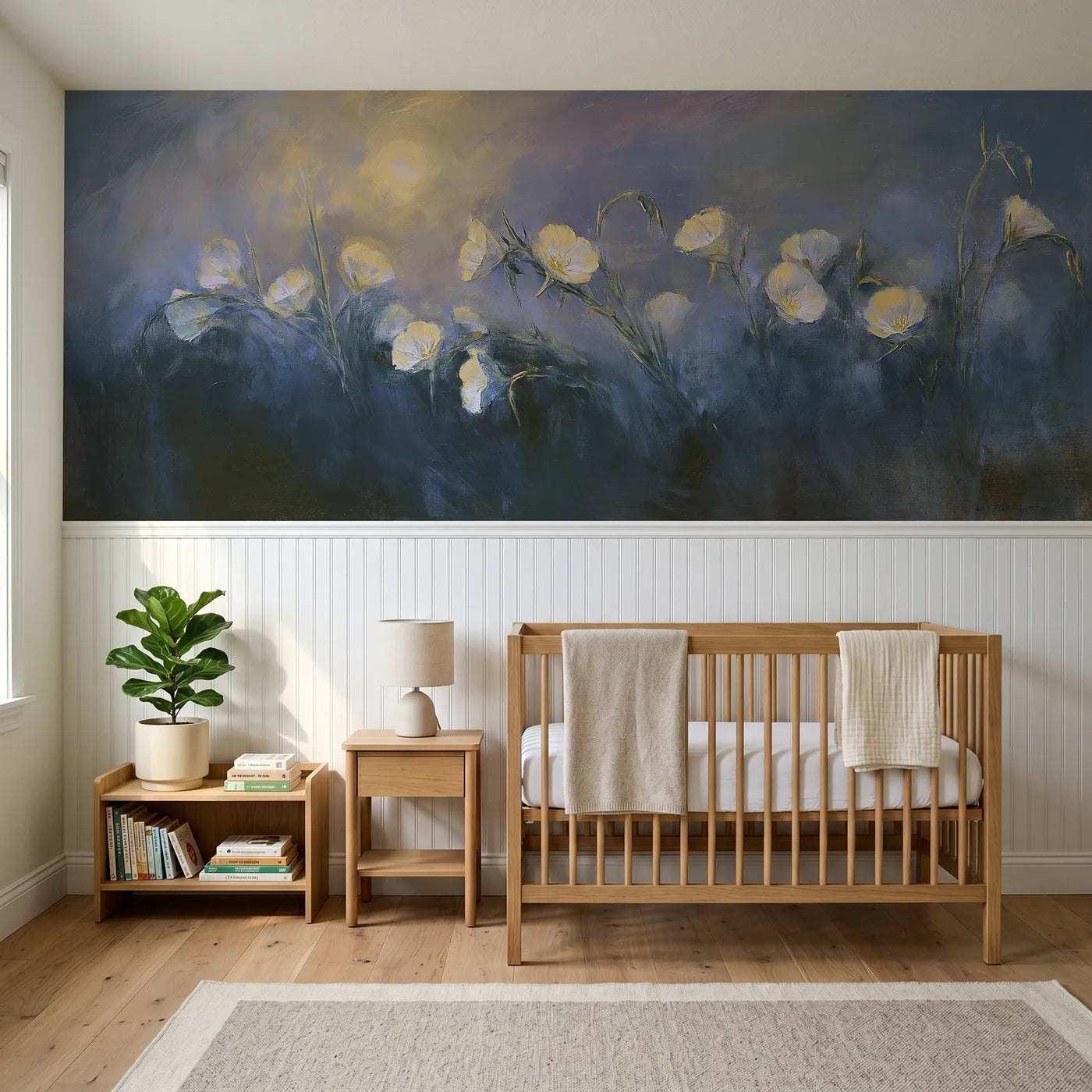 Watercolor wainscoting wallpaper of evening primrose at moonrise by Whimsy Tots