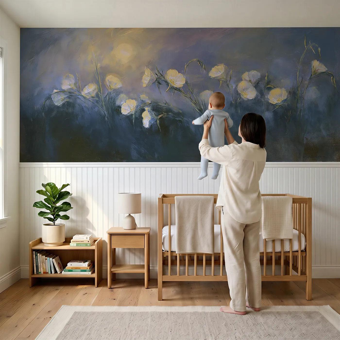 Child reading near Evening Primrose At Moonrise Wainscoting Wallpaper by Whimsy Tots