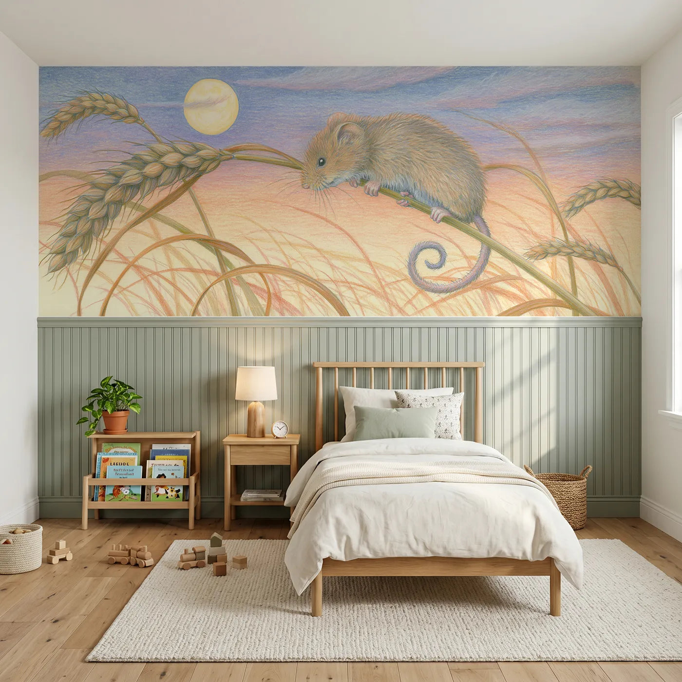Colored pencil wainscoting wallpaper of a mouse on the bending stem by Whimsy Tots