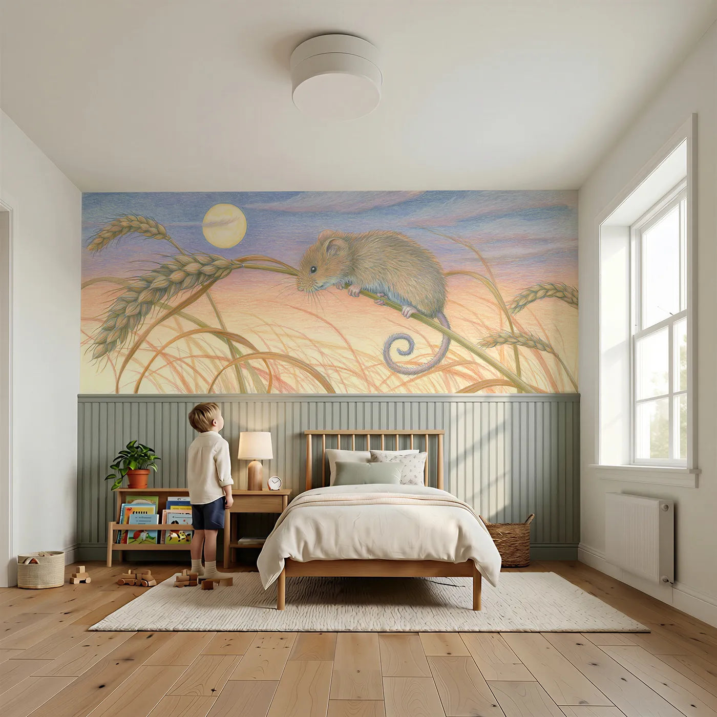 Child reading near Mouse On The Bending Stem Wainscoting Wallpaper by Whimsy Tots