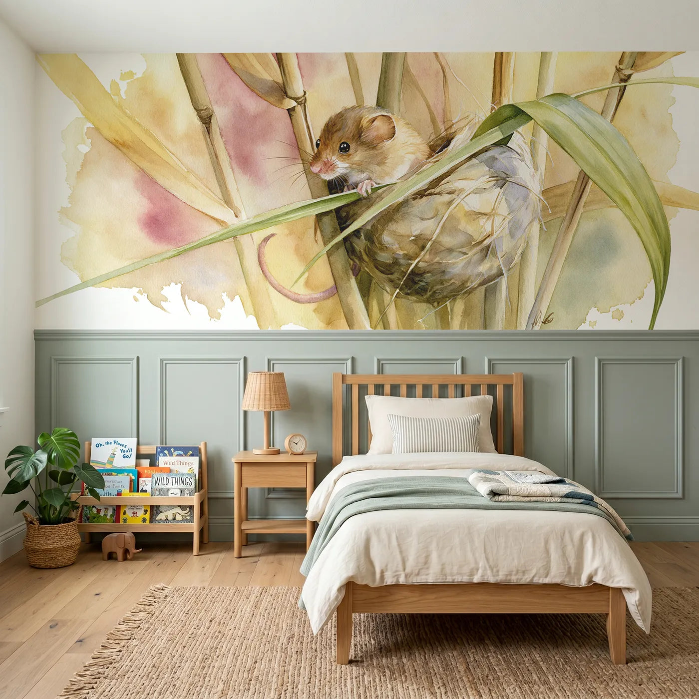 Watercolor wainscoting wallpaper of weaving the nest ball by Whimsy Tots