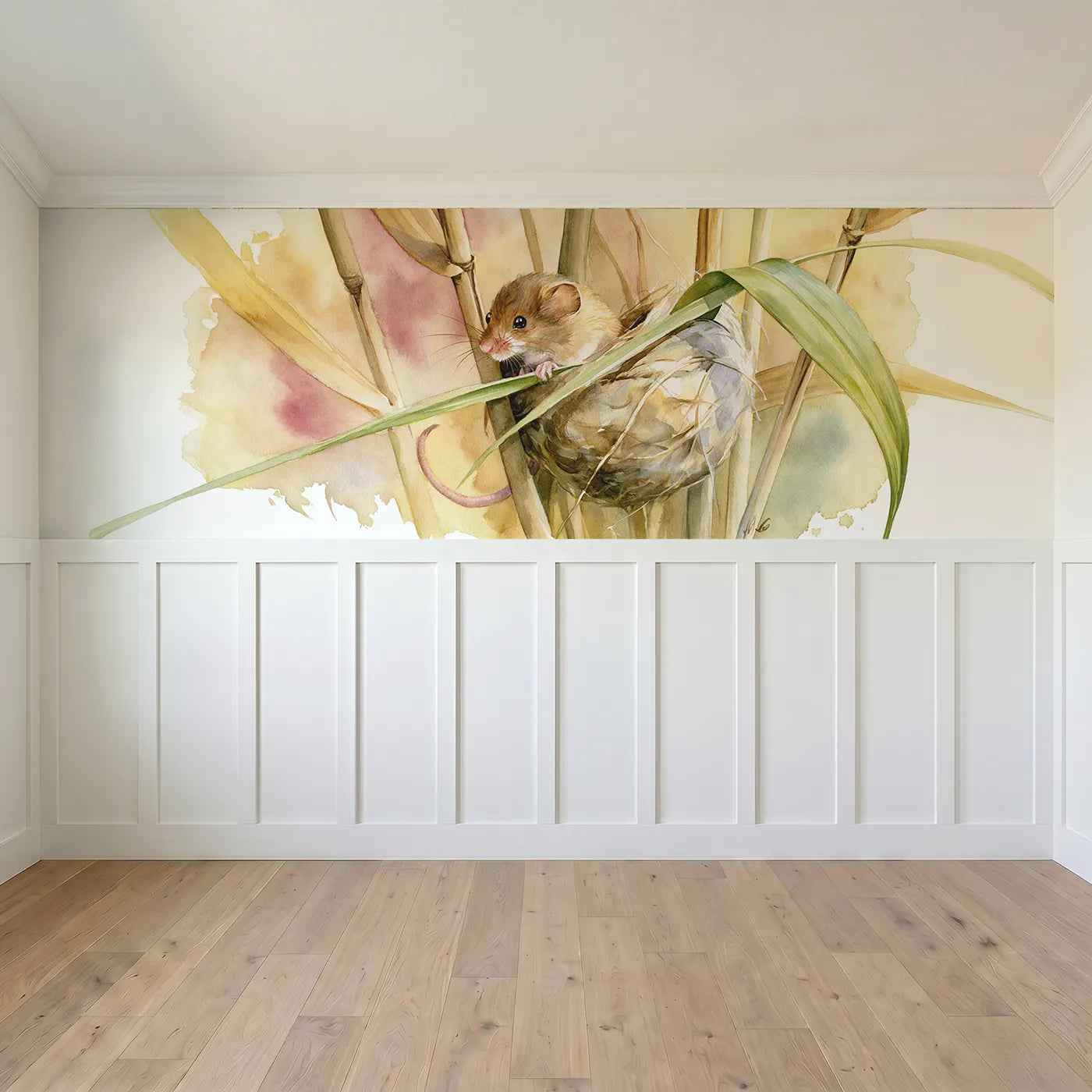 Full panel view of Weaving The Nest Ball Wainscoting Wallpaper by Whimsy Tots