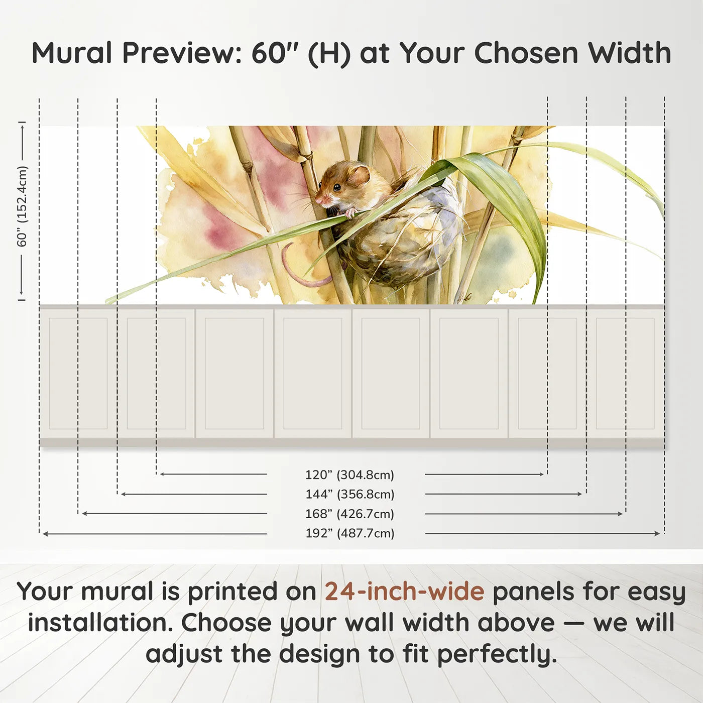 Panel dimensions for Weaving The Nest Ball Wainscoting Wallpaper by Whimsy Tots