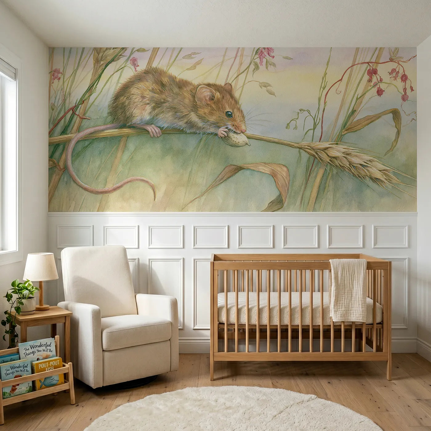 Storybook wainscoting wallpaper of carrying the seed down by Whimsy Tots