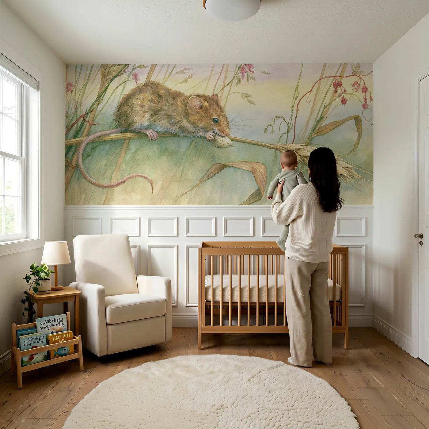 Child reading near Carrying The Seed Down Wainscoting Wallpaper by Whimsy Tots