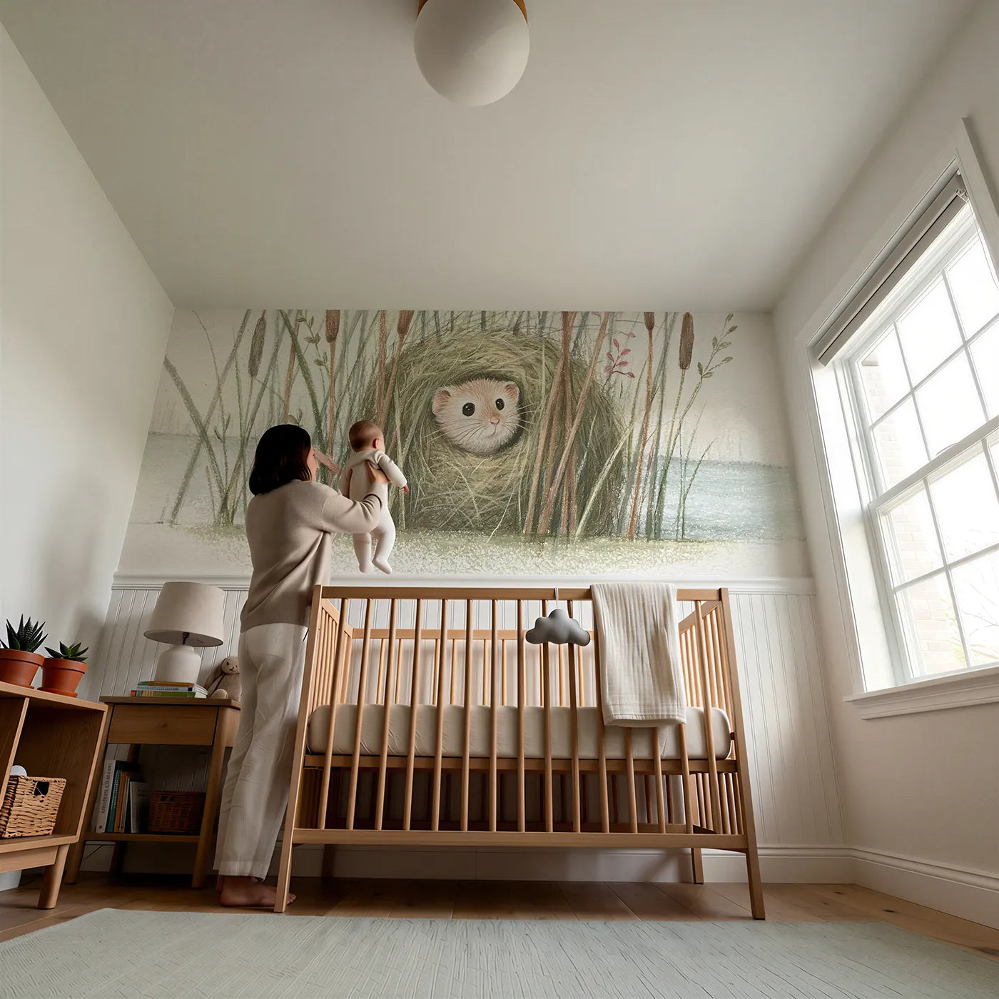 Child reading near Looking Out From The Nest Wainscoting Wallpaper by Whimsy Tots
