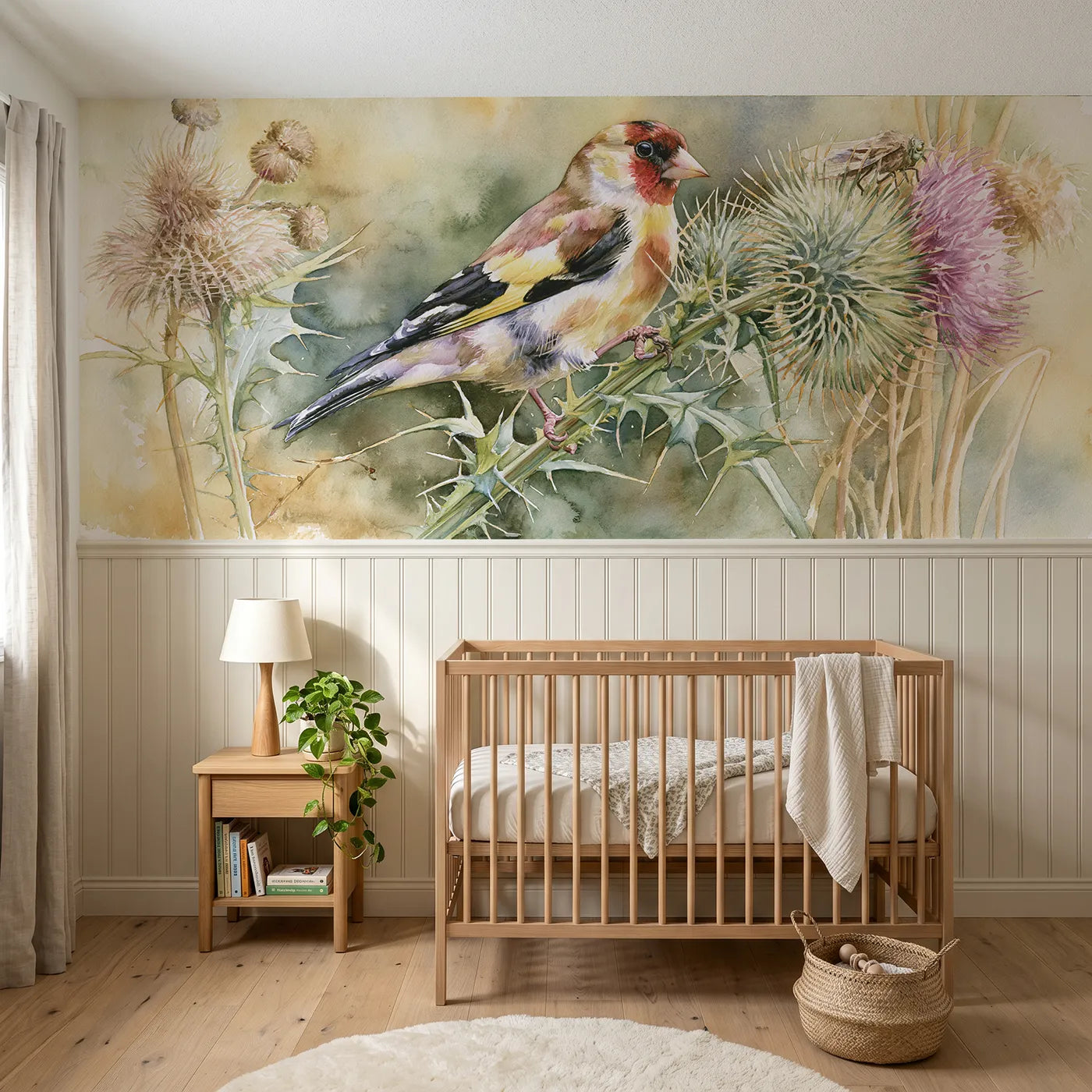 Watercolor wainscoting wallpaper of a goldfinch on the thistle by Whimsy Tots