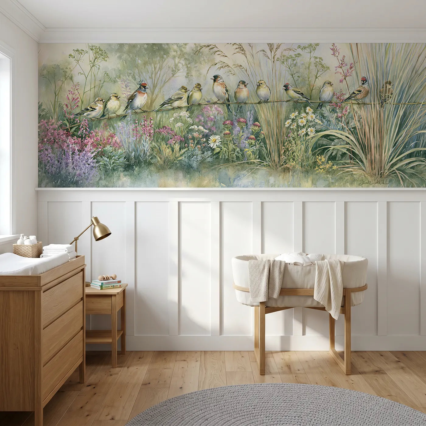 Storybook wainscoting wallpaper of the charm passing through by Whimsy Tots